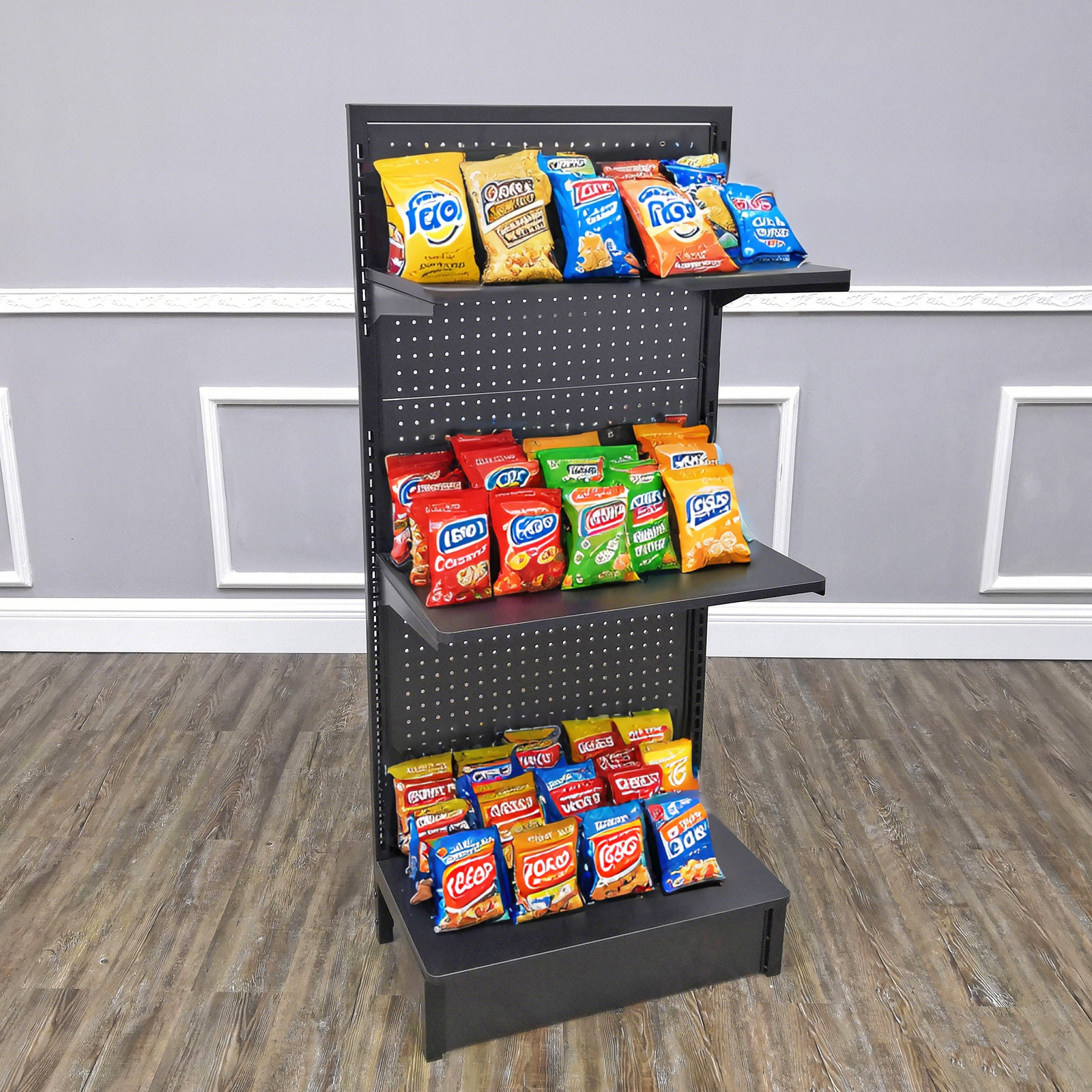 24.0" Wide Gondola Rack Stand with Two Shelves Black Pegboard Display