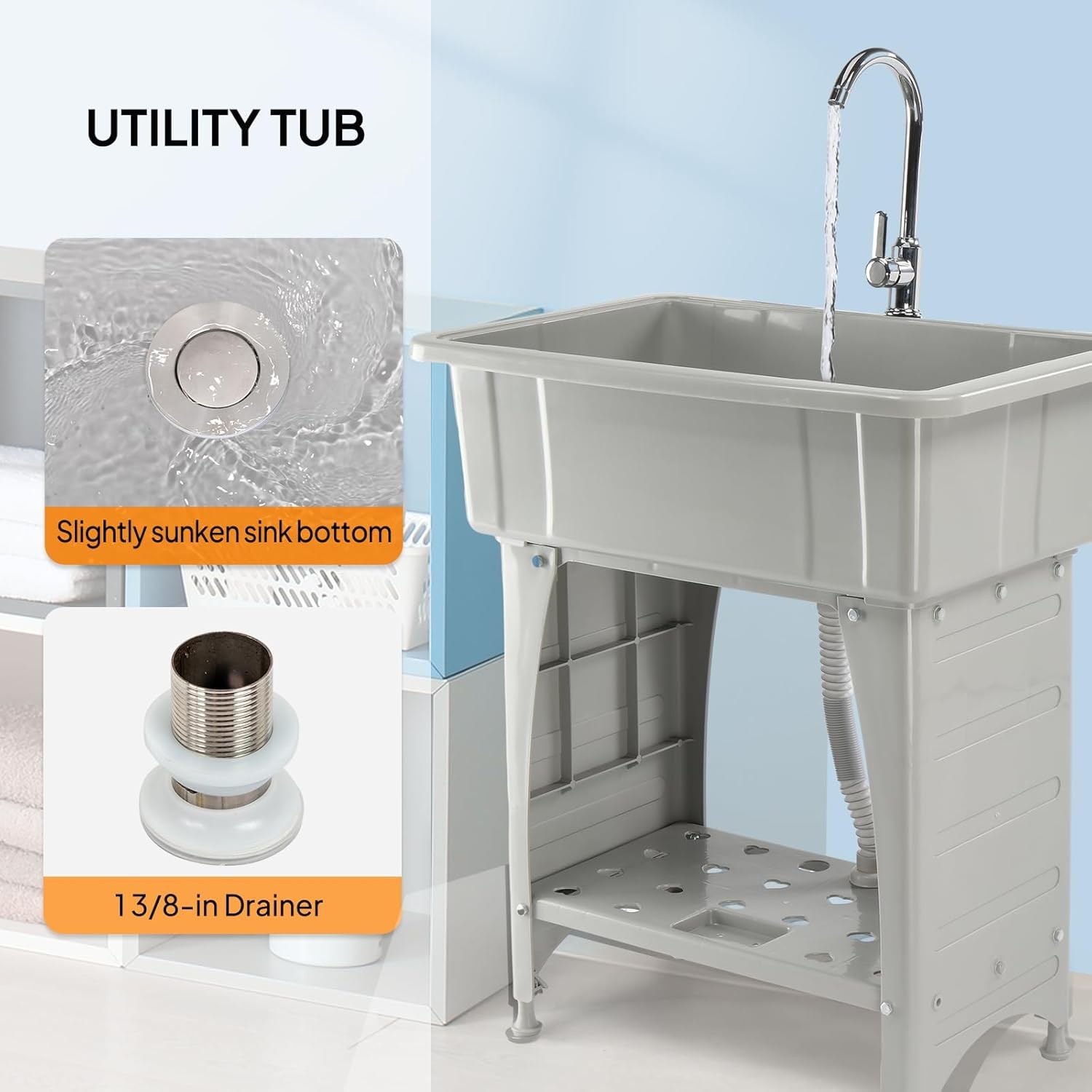 20-Gallon Plastic Utility Sink with Hot & Cold Faucet and Upgraded Height Grey