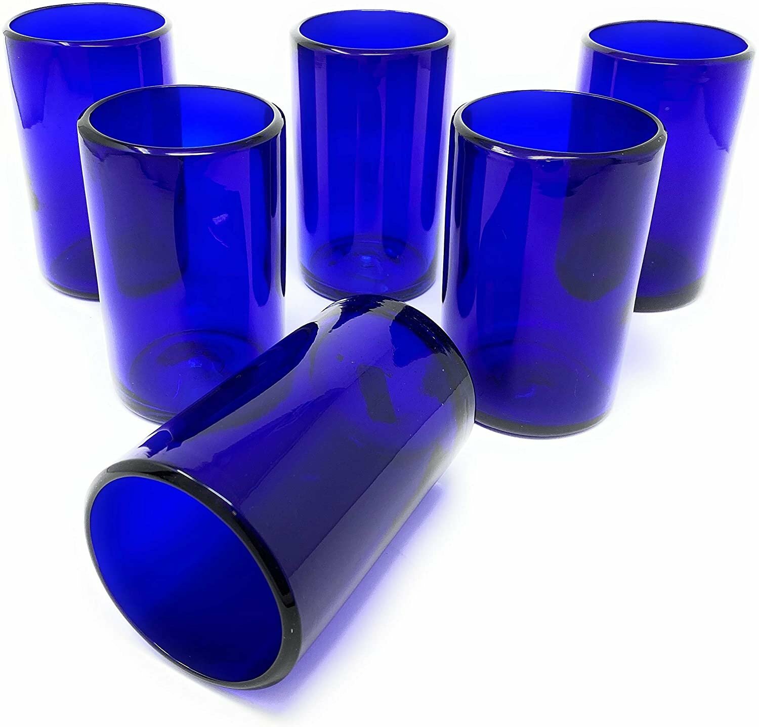Hand Blown Mexican Drinking Glasses – Set of 6 Cobalt Water Glasses (14 oz each)