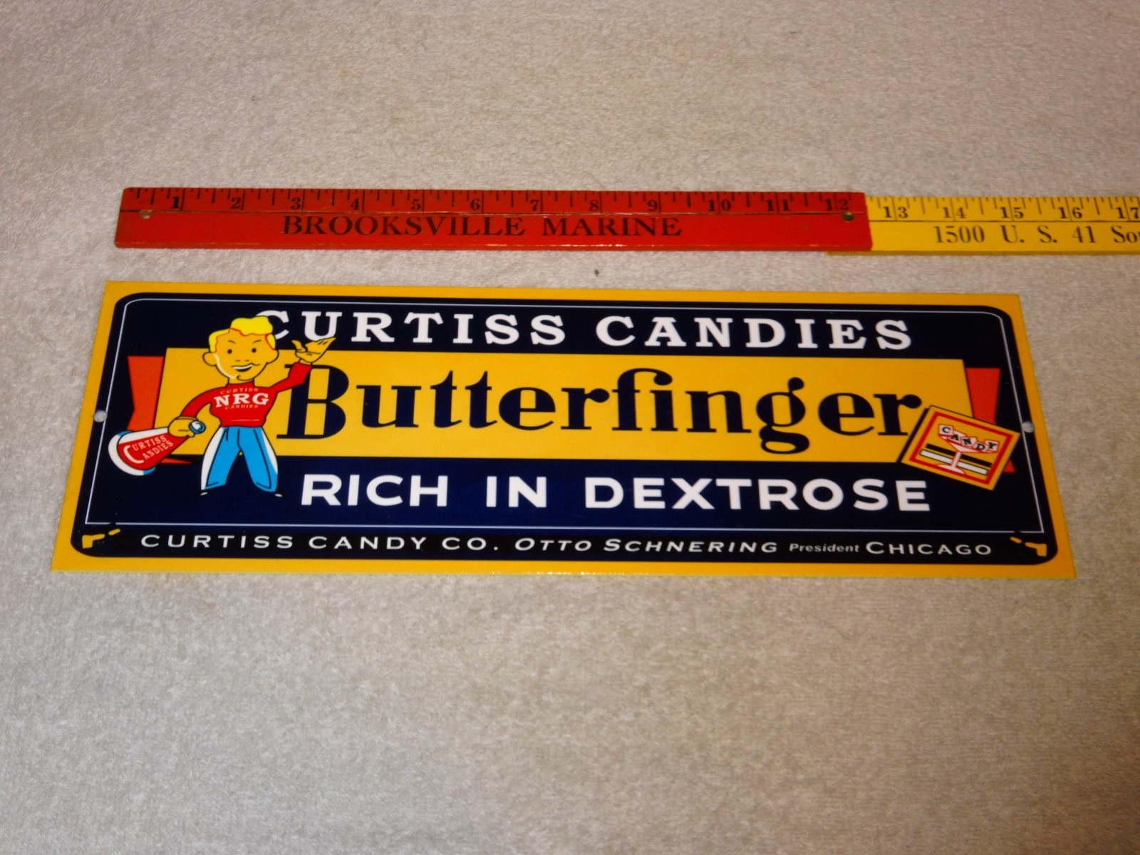 VINTAGE CURTISS CANDIES BUTTERFINGER 15" METAL CHICAGO CHOCOLATE CANDY BAR SIGN!