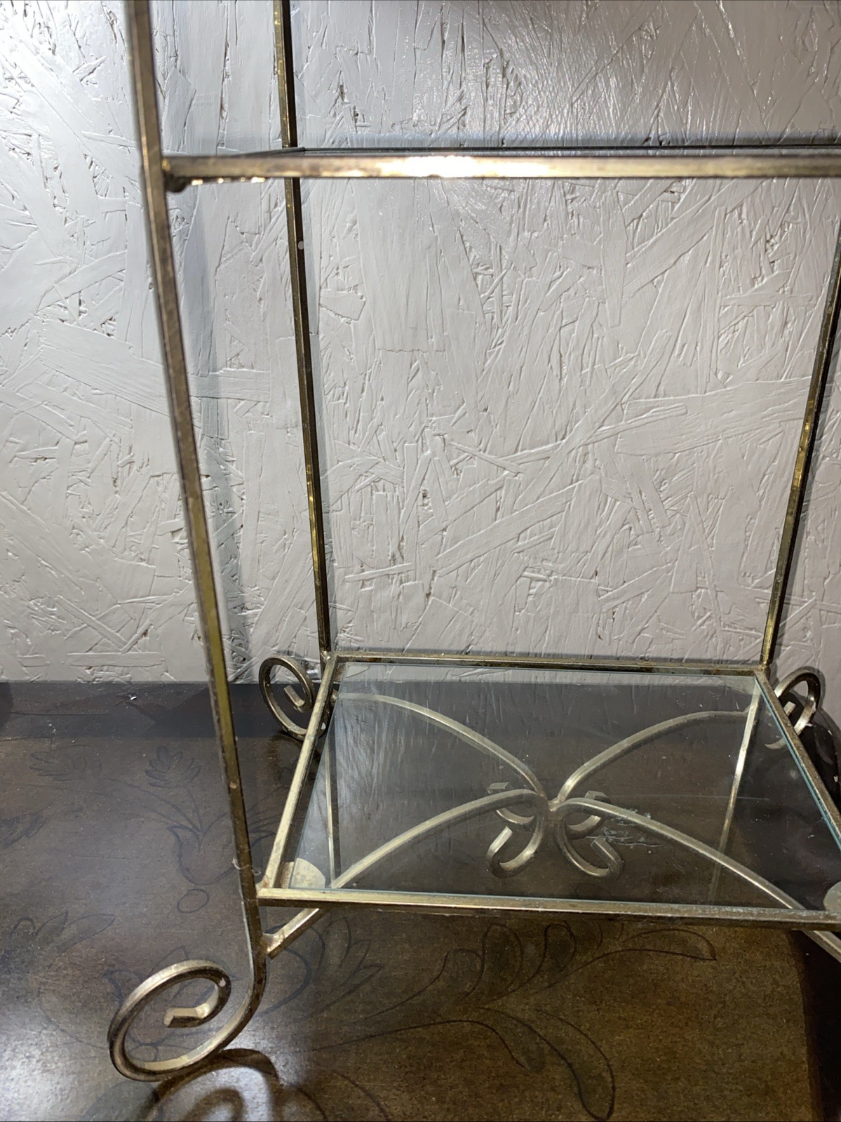 Vintage Two Tiered Shelf Brass Metal Frame With Two Glass Shelves Free Standing