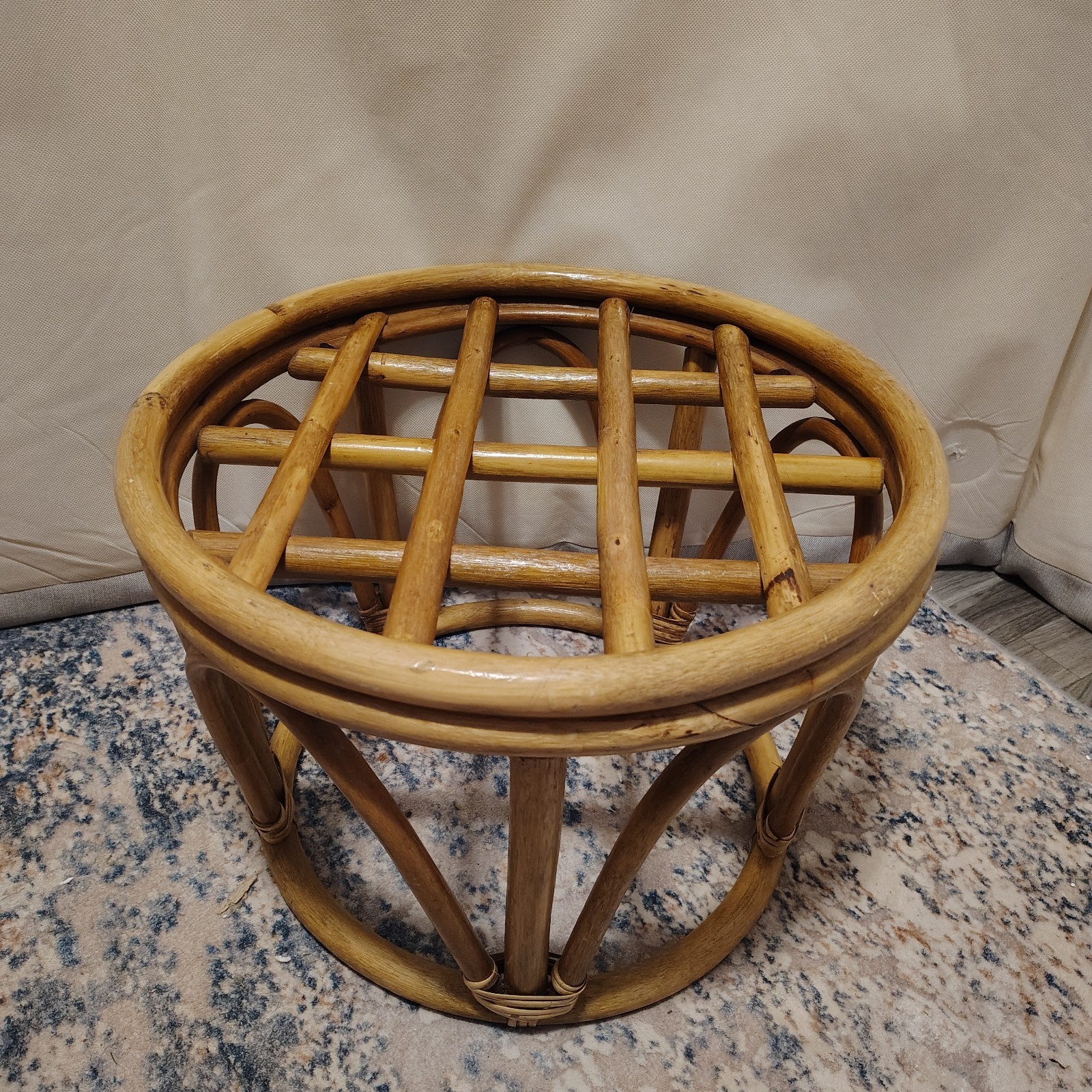 Vintage MCM Bamboo Bentwood Rattan Round Footstool Ottoman Plant Stand