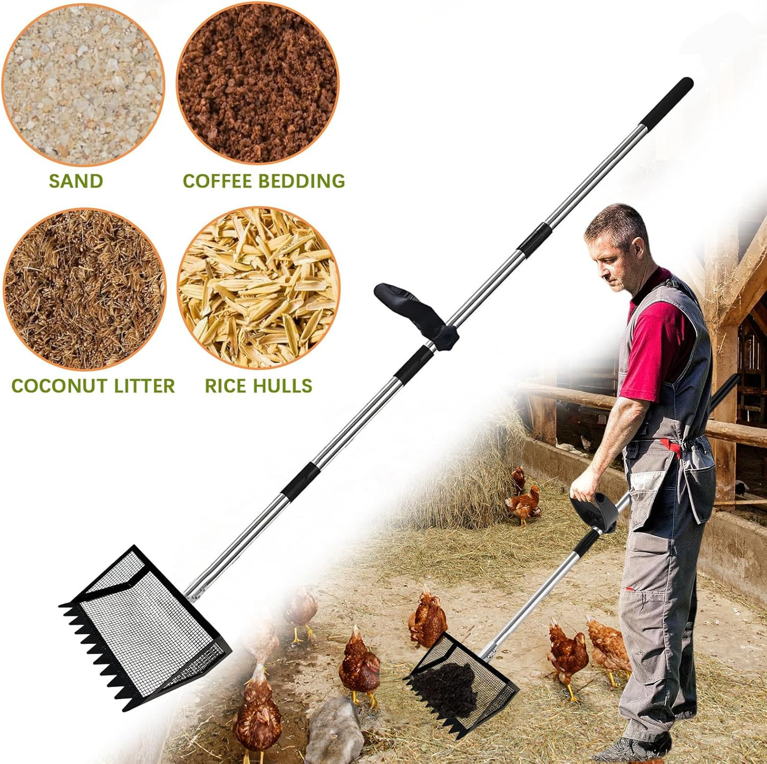 12" Metal Chicken Poop Scooper Rake for Sand with 24 to 68" Handle, Adjustable C