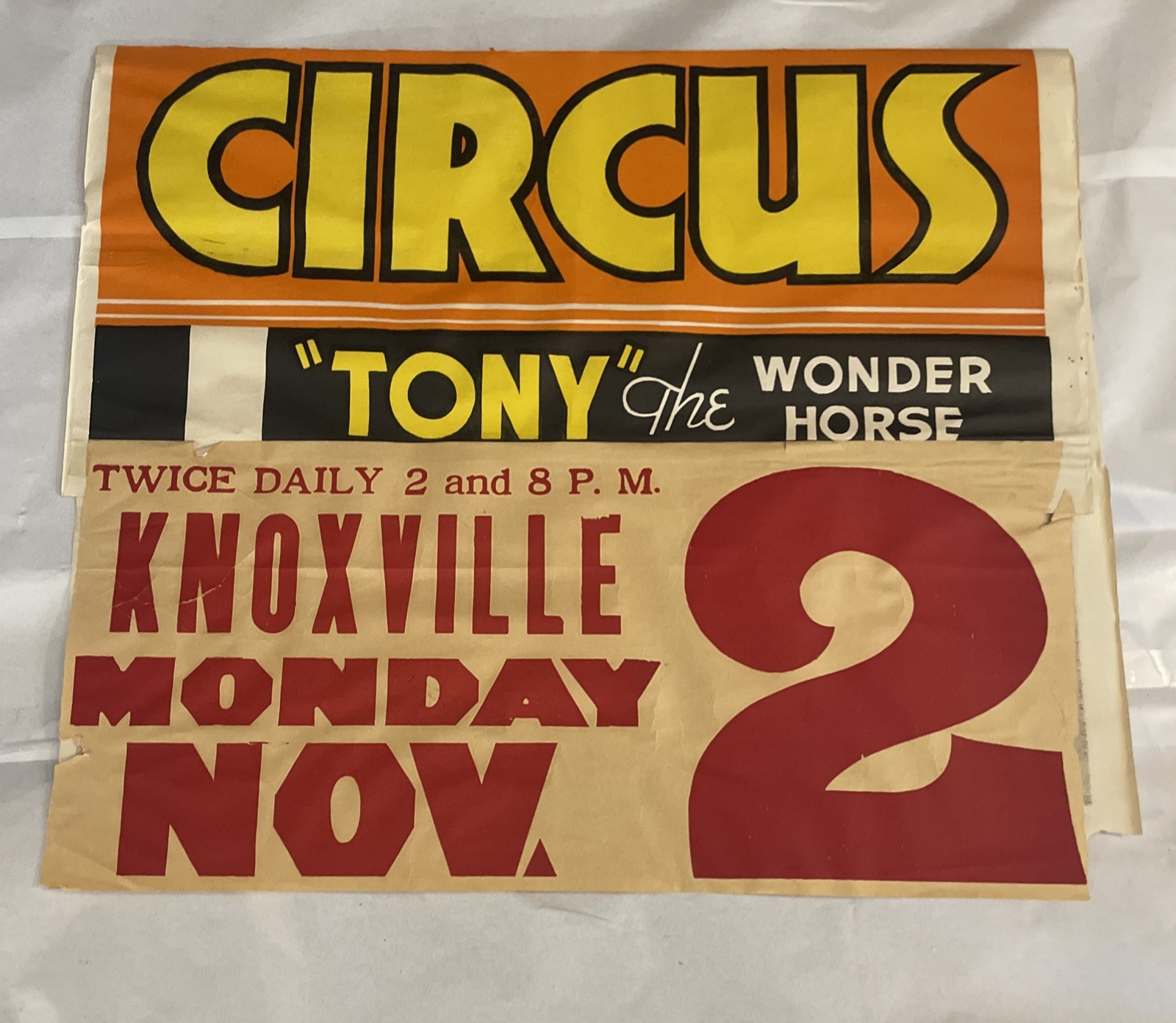 Vintage 35.5x21 Inch Tom Mix Circus Poster “Tony” The Wonder Horse Knoxville Ten
