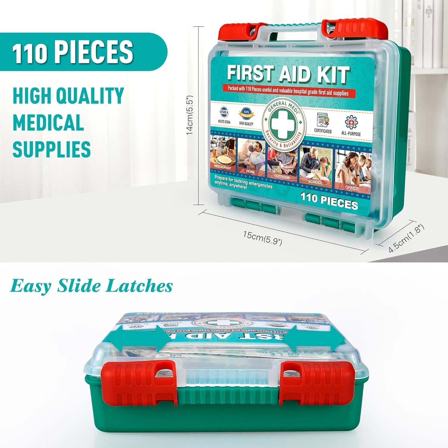 110 Pieces Small First Aid Kit - HardCase First Aid Box - Contains