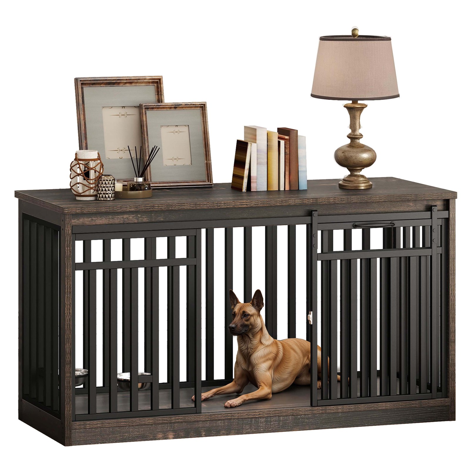 55" Extra Large Dog Crate Furniture Heavy Duty Metal Dog Kennel w/ Sliding Door