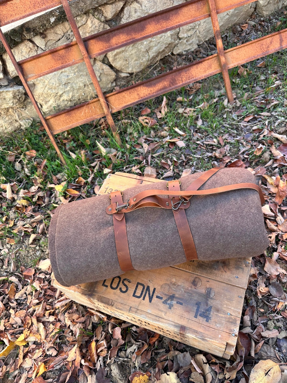 Bushcraft Wool Blanket with Handmade Leather Strap, Natural Blanket For Outdoor