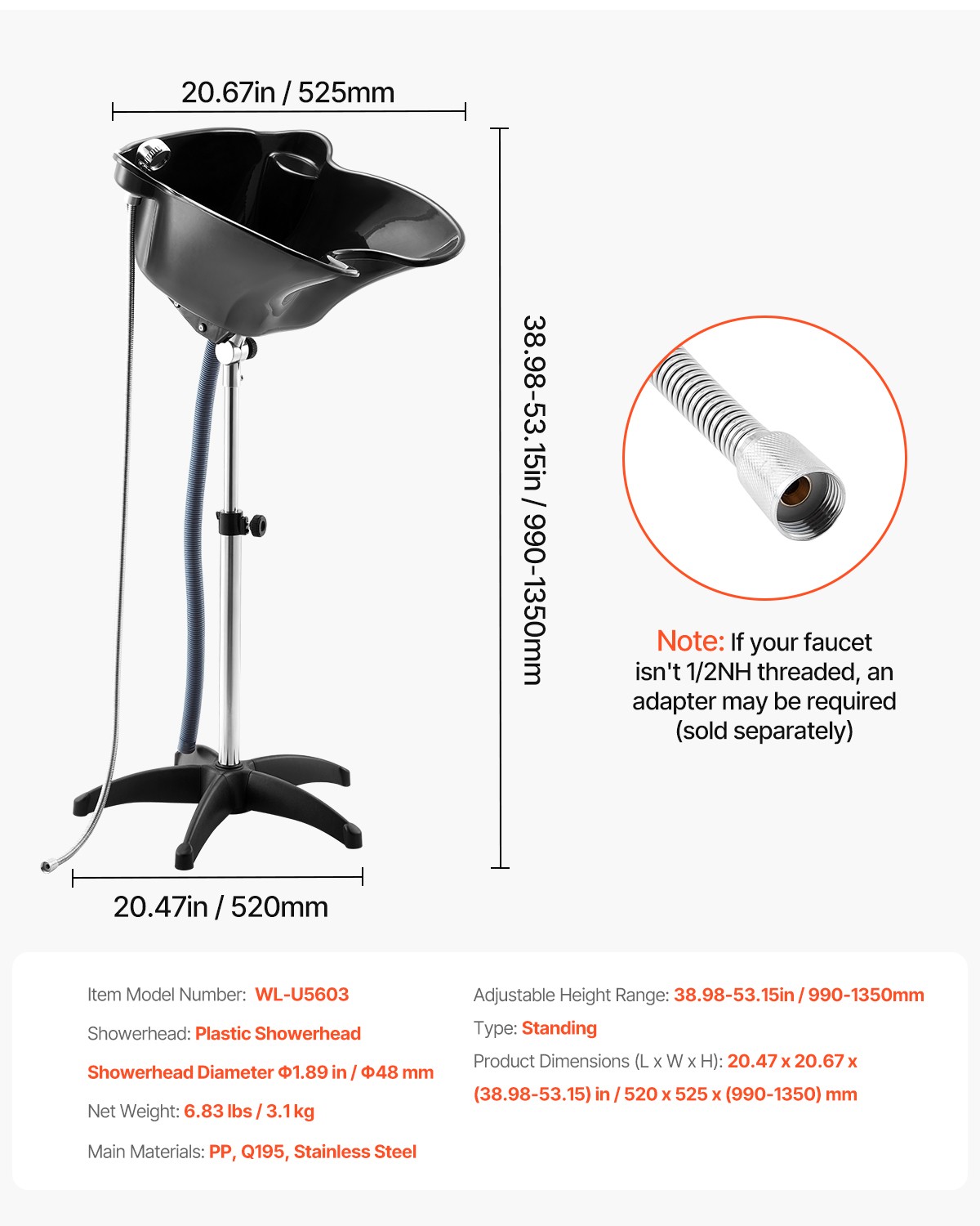 VEVOR Portable Shampoo Bowl Shower Head Drain Hose Adjustable Height Salon Sink