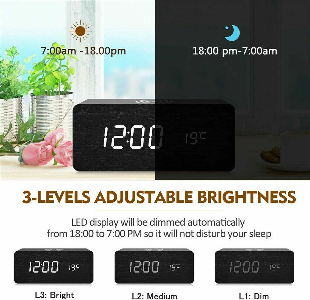 Modern Wooden Wood Digital LED Desk Alarm Clock Thermometer Qi Wireless Charger