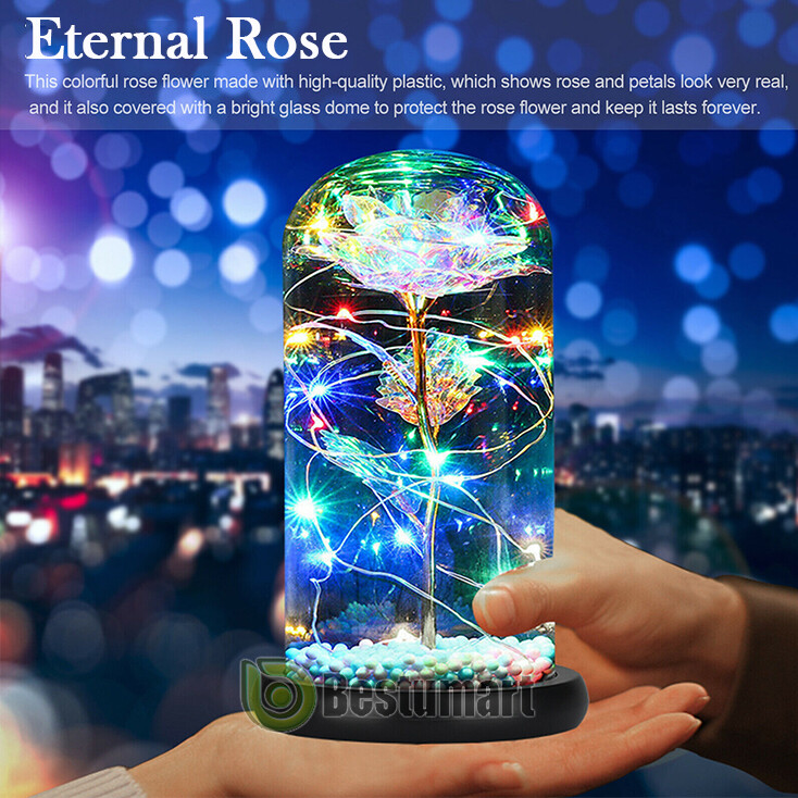 Forever Galaxy Rose Flower In Glass Dome LED Light Eternal Gift Valentine's Day