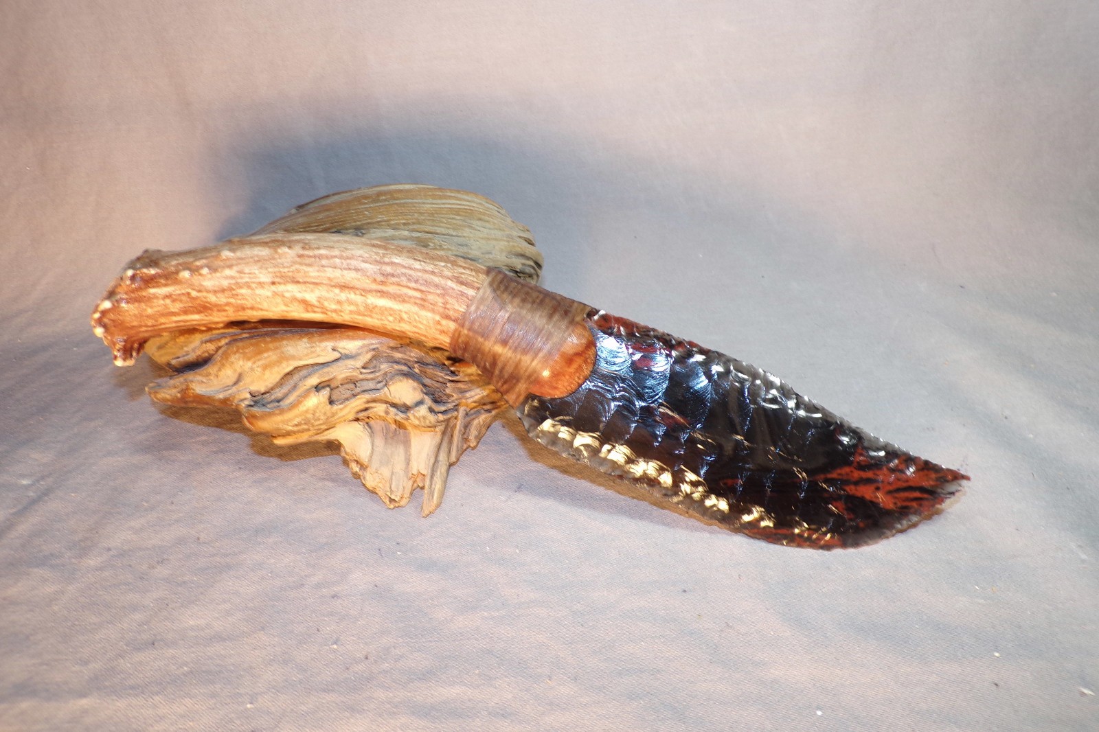 Triple Flow Obsidian Bowie Knife Flint Knapping Black Powder Mountain Man COA