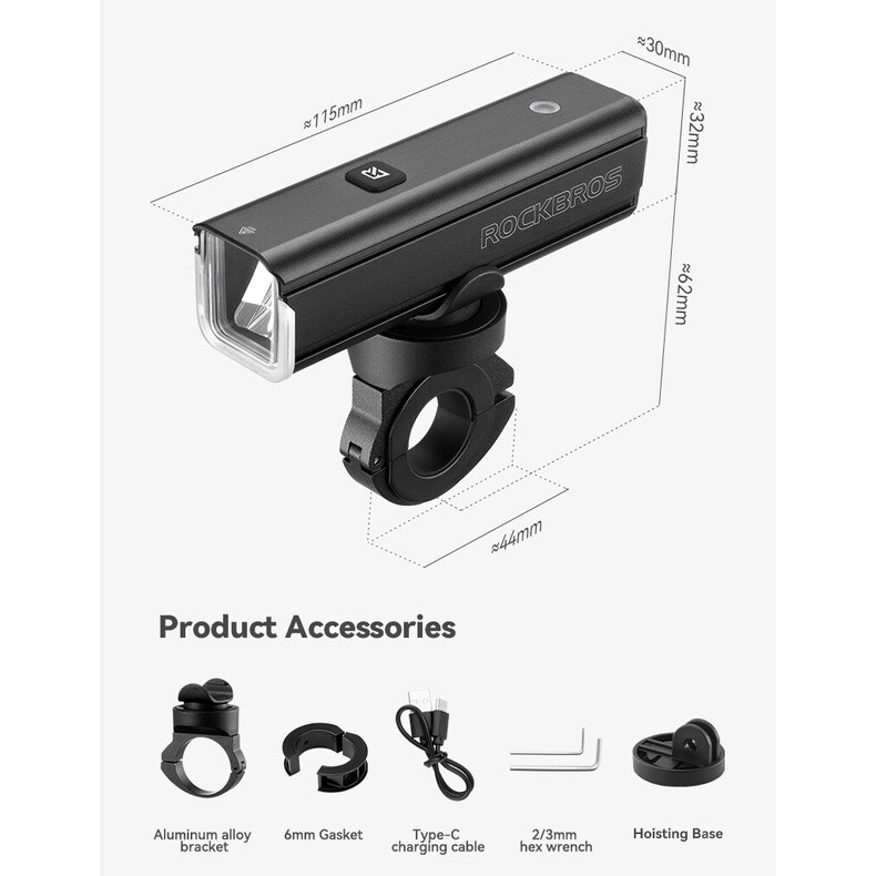 ROCKBROS Bike Smart Headlight 1500 Lumens IPX6 Waterproof Rechargeable