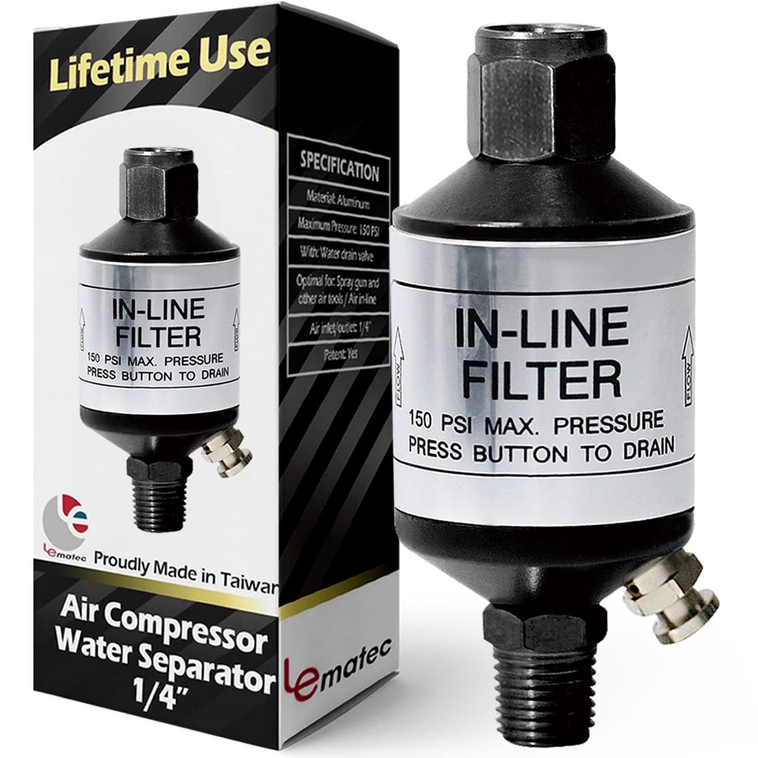 Air Compressor Water Separator, Produces Clean Dry Air, with Drain Valve. AI3...