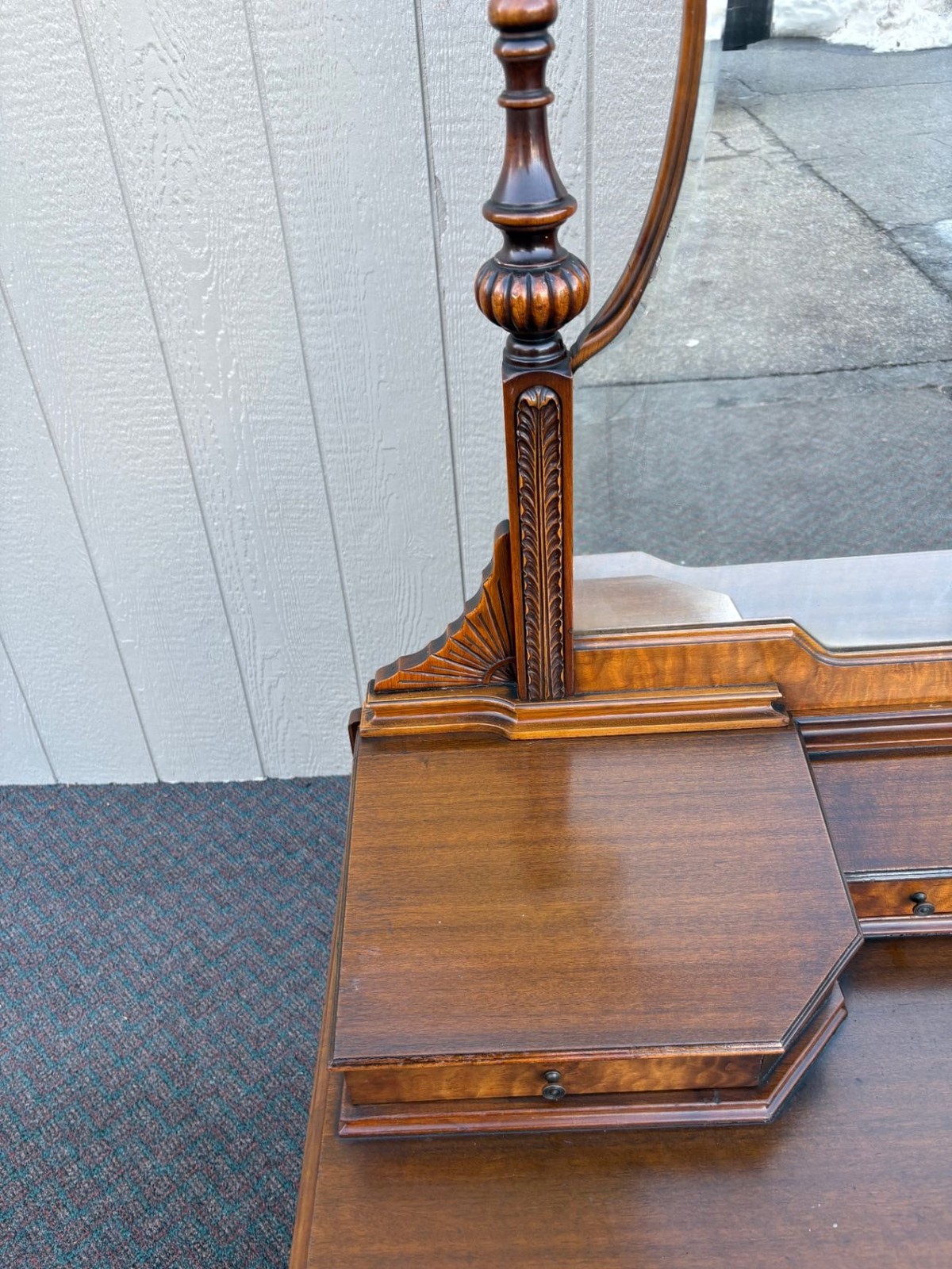 67476 Antique Walnut Vanity with Mirror, Ornate Carving and Drawers