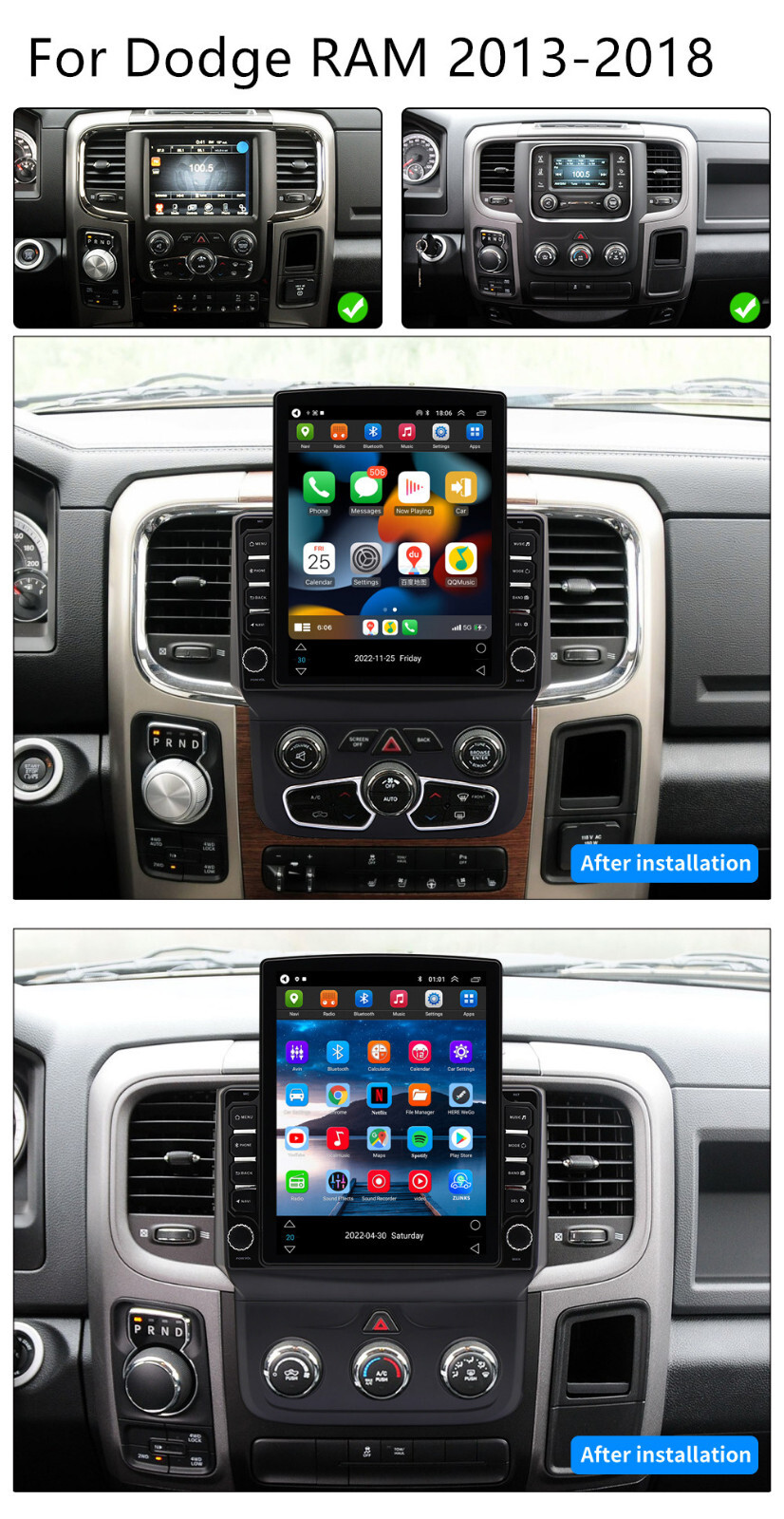 Car Stereo Radio For Apple Carplay Fit For Dodge RAM 1500 2500 2013-2019 GPS BT