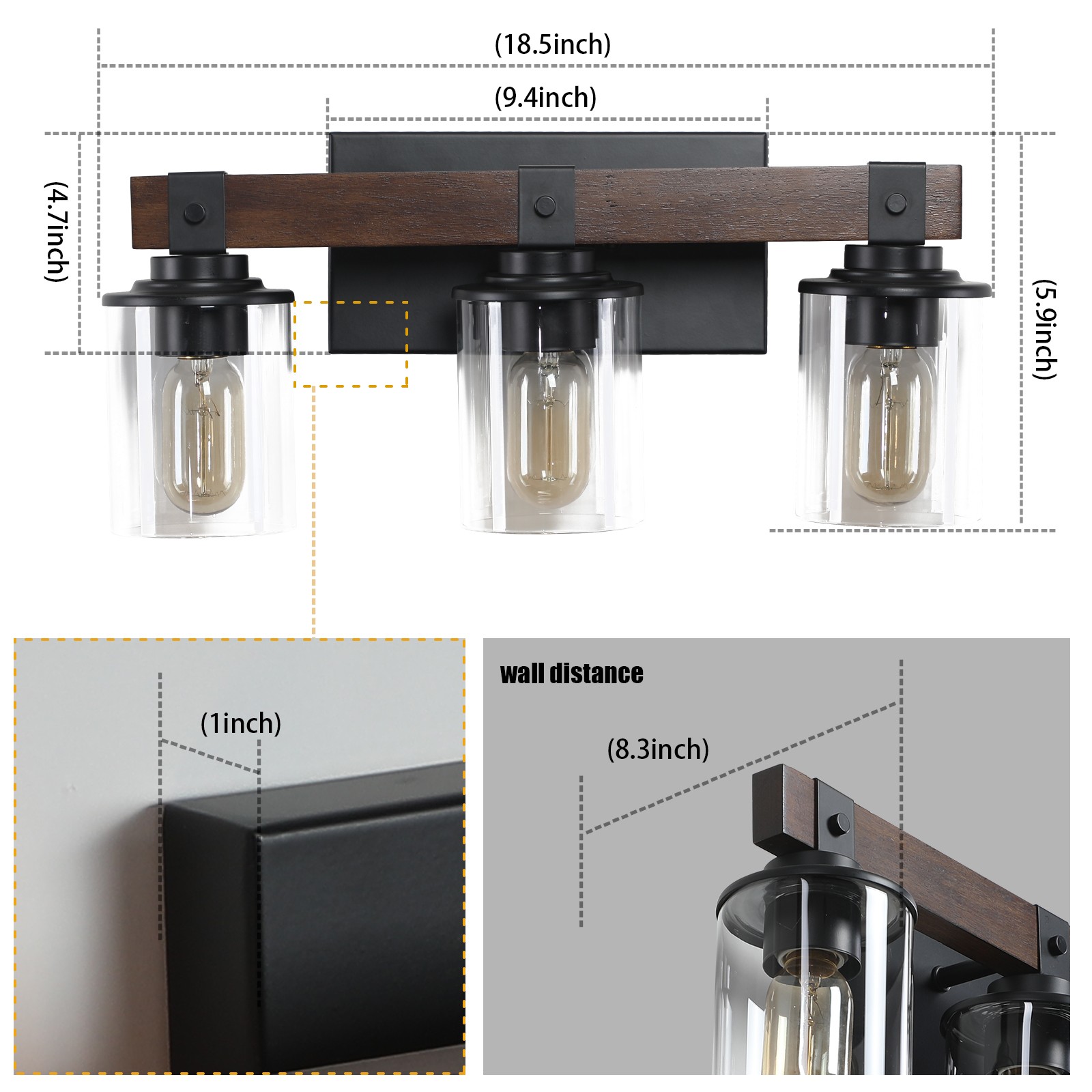 19" Vintage Vanity Light Bathroom Mirror Wall Lamp 3 Lights Rustic Wood Fixture