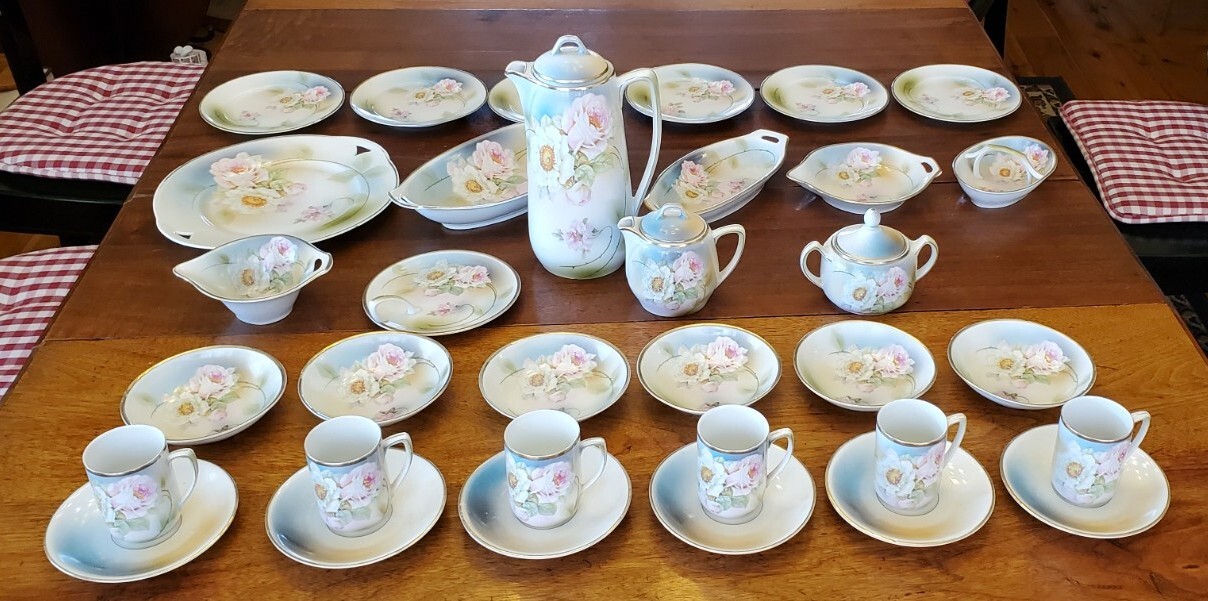 Antique Chocolate Set, Germany, Hand Painted W/Roses, Massive 34 Piece Set!