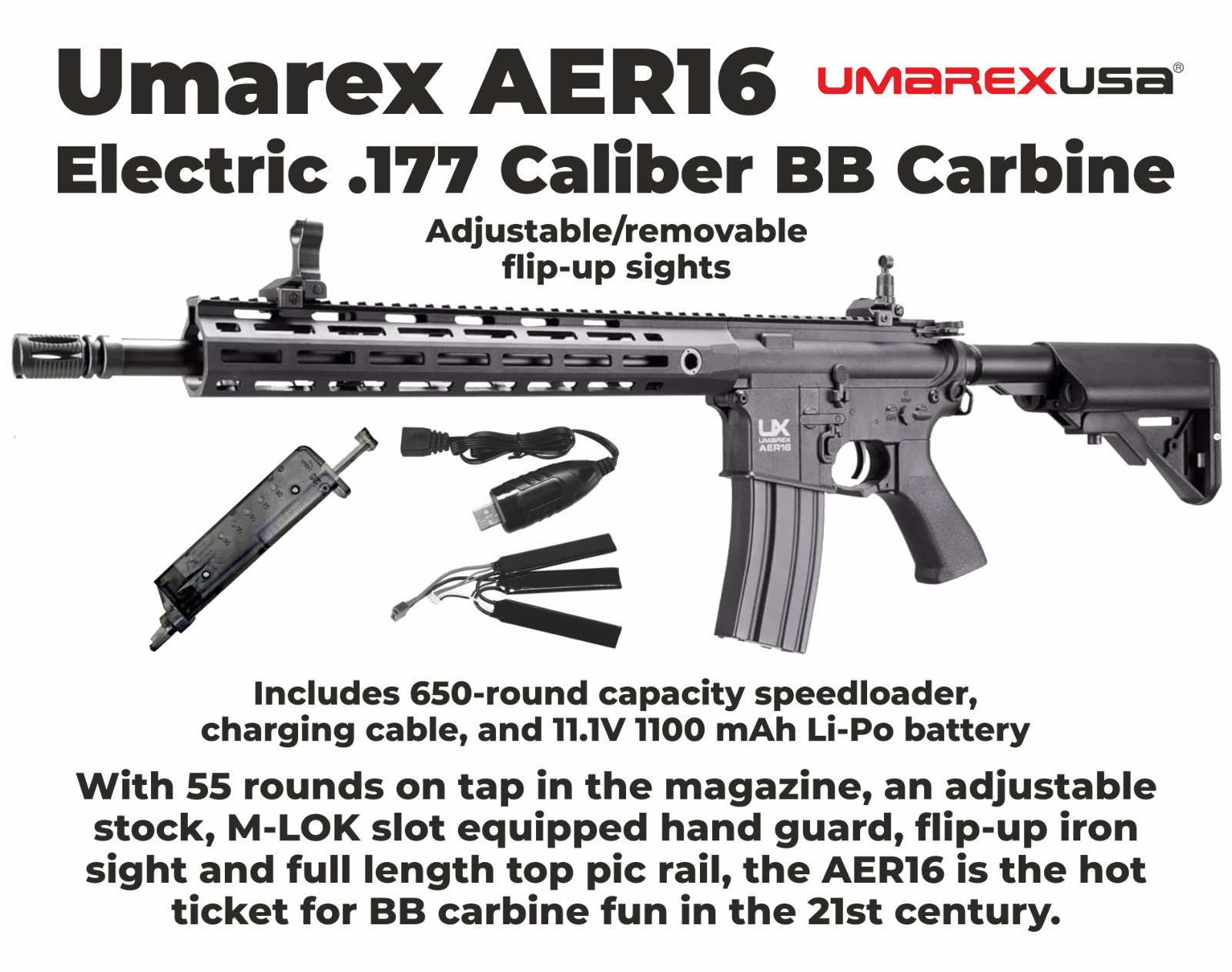 Umarex AER16 .177 Caliber Electric-Powered Full Auto Air Rifle 2252126 with BBs