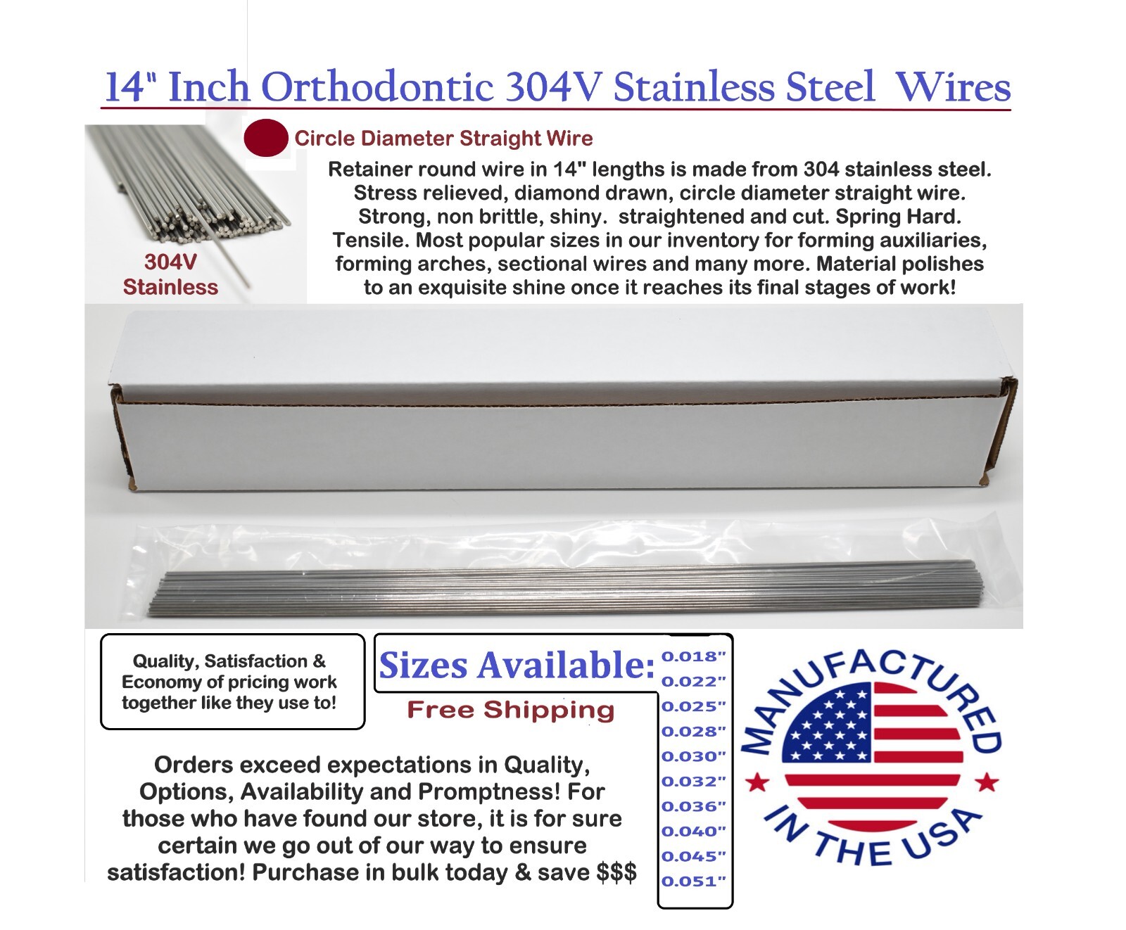 Ortho Retainer Wire Round Straight Lengths 14" Stainless Steel Dental Wires 10pk