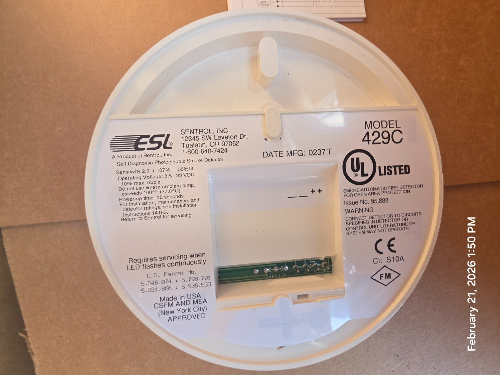 Sentrol ESL 429C Photoelectric Self Diagnostic Smoke Hardwired Detector New In B