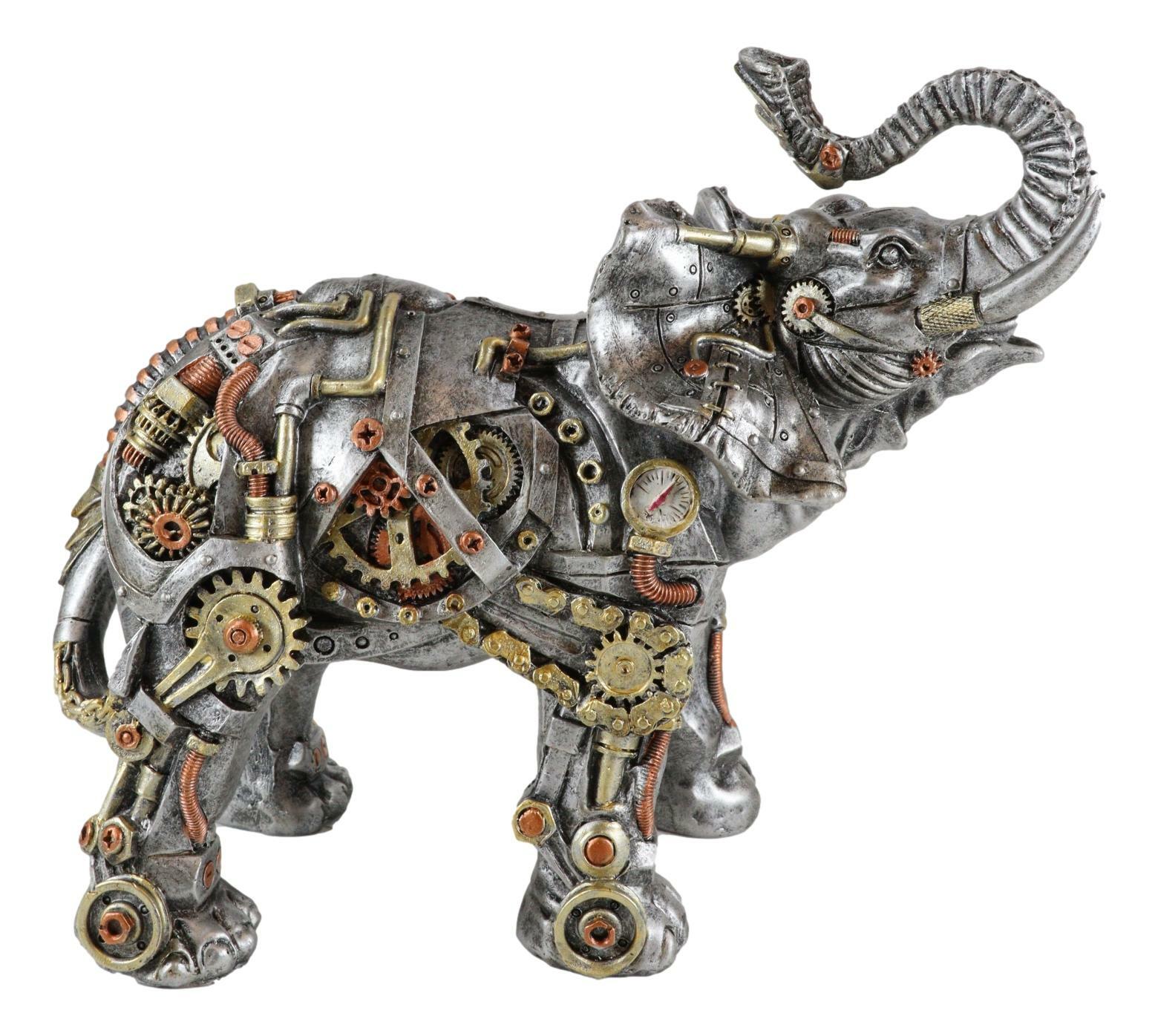 Ebros Steampunk Pressure Valve Geared Cyborg Elephant with Trunk Up Figurine