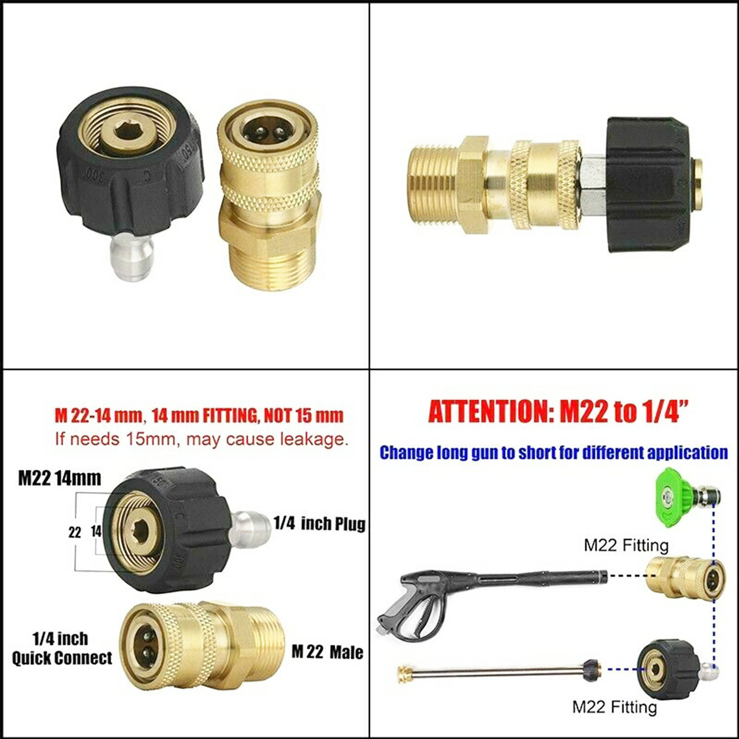 Pressure Washer Hose Connector Adapter Set Quick Connect M22 to 1/4" Gun to Wand