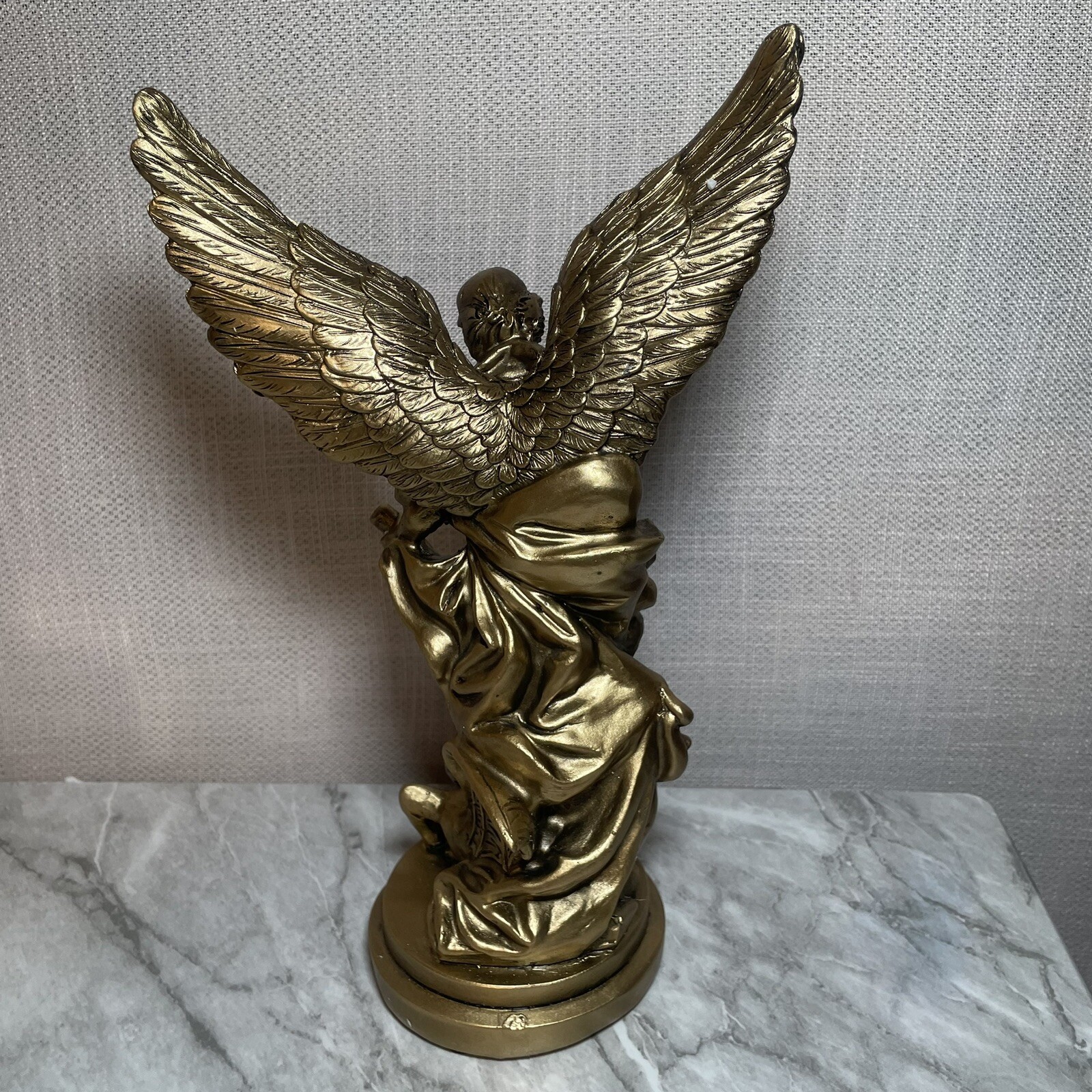 Angel Statue ARCHANGEL MICHAEL gold tone STOMPING DEMON standing SWORD book NEW