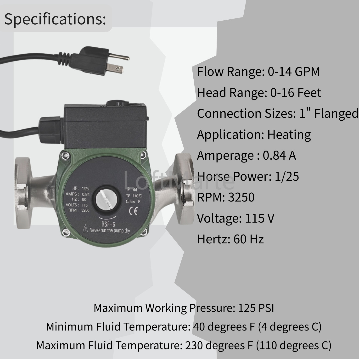 Water Circulator Pump 008-SF6 For Taco 115V 1/25 HP 60HZ 0.84A 125 PSI 3250R