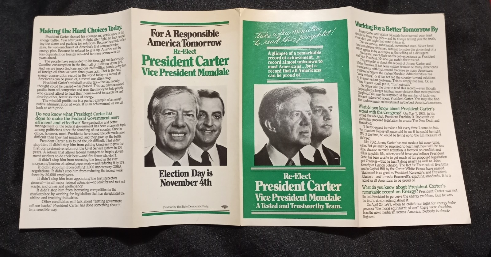 Vintage 1981 Re-Elect Carter Mondale Campaign Brochure, Bumper Sticker, Pin Back