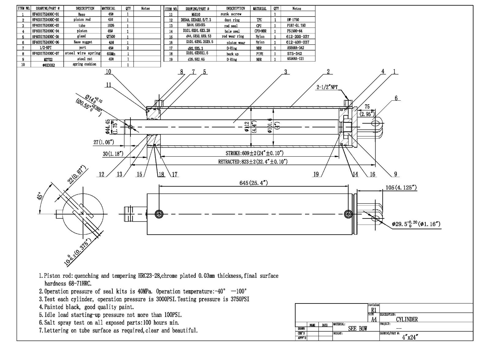 Genuine Log Splitter Hydraulic cylinder 4.0" Bore x 24" stroke 3500PSI 30 Tons