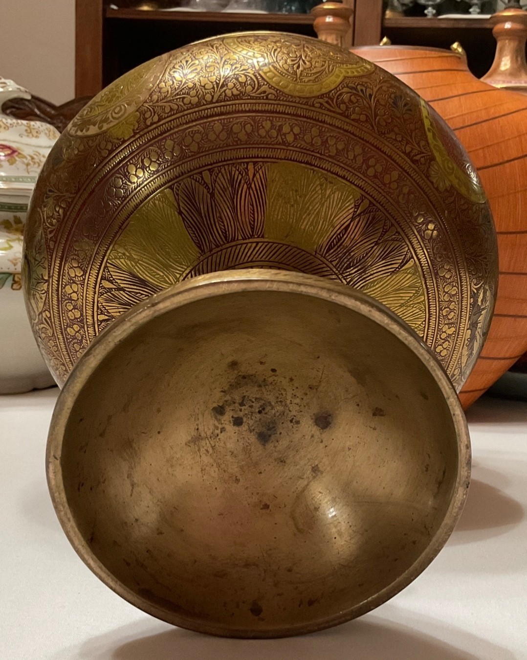 Etched Brass Pedestal Bowl Urn Peacock Floral Motif 7.3lb Ornate Centerpiece