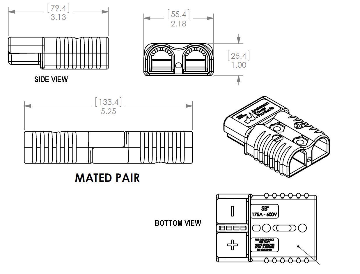 Anderson SB175 Copper Battery Cable 2 Gauge AWG with ends lug/terminal/clamp
