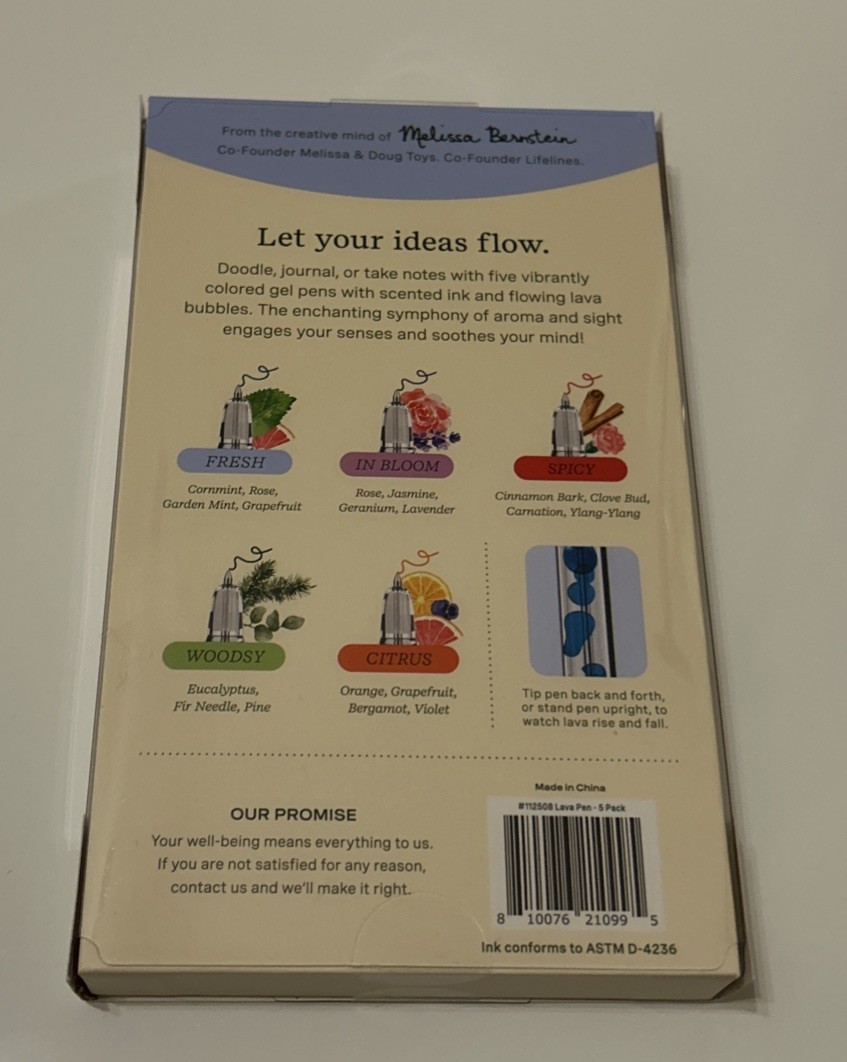 Lifelines Scented Lava Pens 5 Pack Colored Gel Pens Flowing Ink Aromatherapy NEW