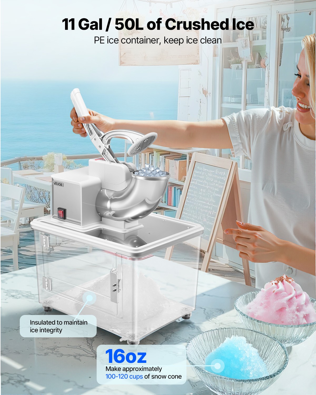 VEVOR Commercial Ice Crusher 661LBS/H Electric Snow Cone Maker Shaved Ice White