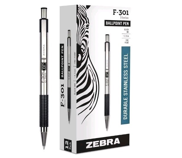 Zebra F-301 Steel Retractable Ball Point Pen Fine Point 0.7mm Black Ink, 12 Pens