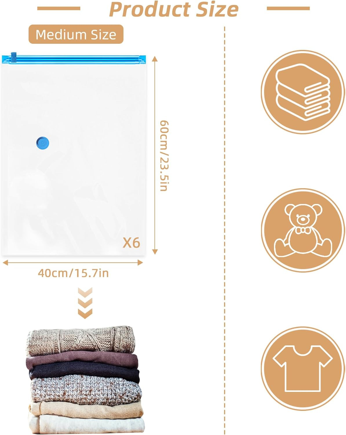 Travel Vacuum Bags with Rechargeable Pump6 Pack White