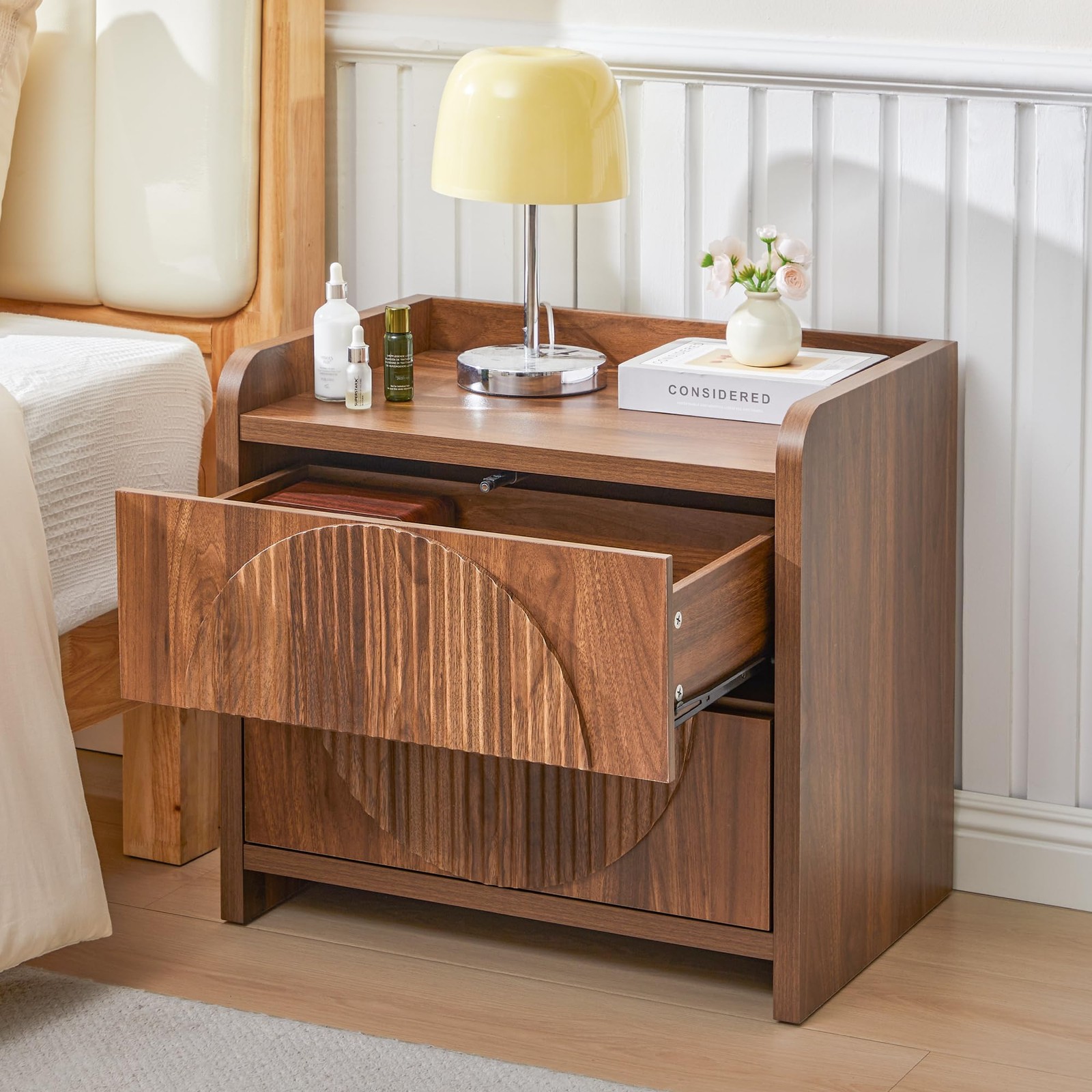 24 Inch Wide Fluted Nightstands Set of 2 Large Night Stand with 2 Drawers