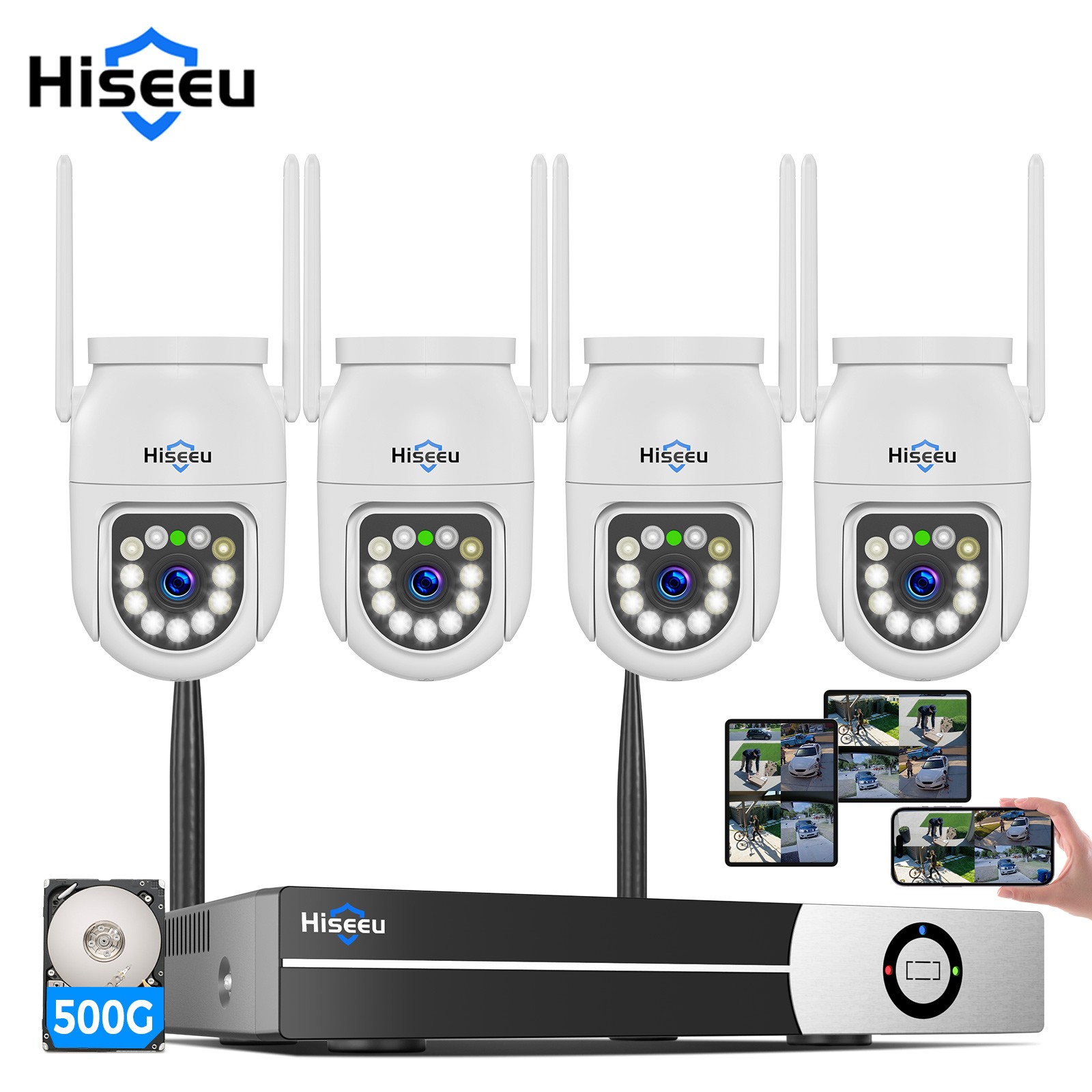 Hiseeu Wifi Security Camera System,16CH NVR,4PCS 3MP PTZ Camera,5G Wifi,500G HDD