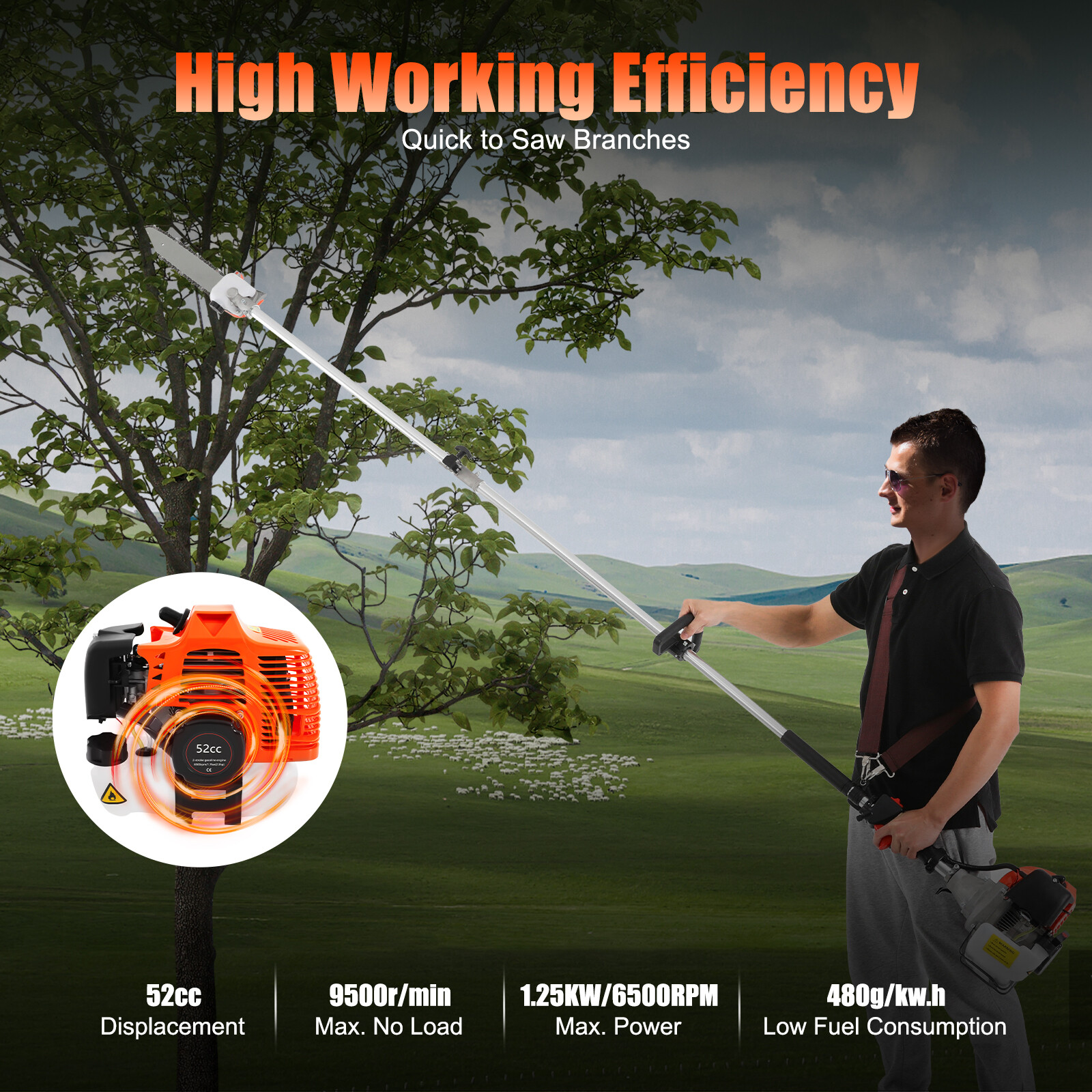 52CC 2 Stroke Chainsaw Pole Saw Pruner Pruning Saw Gas Powered Tree Trimmer
