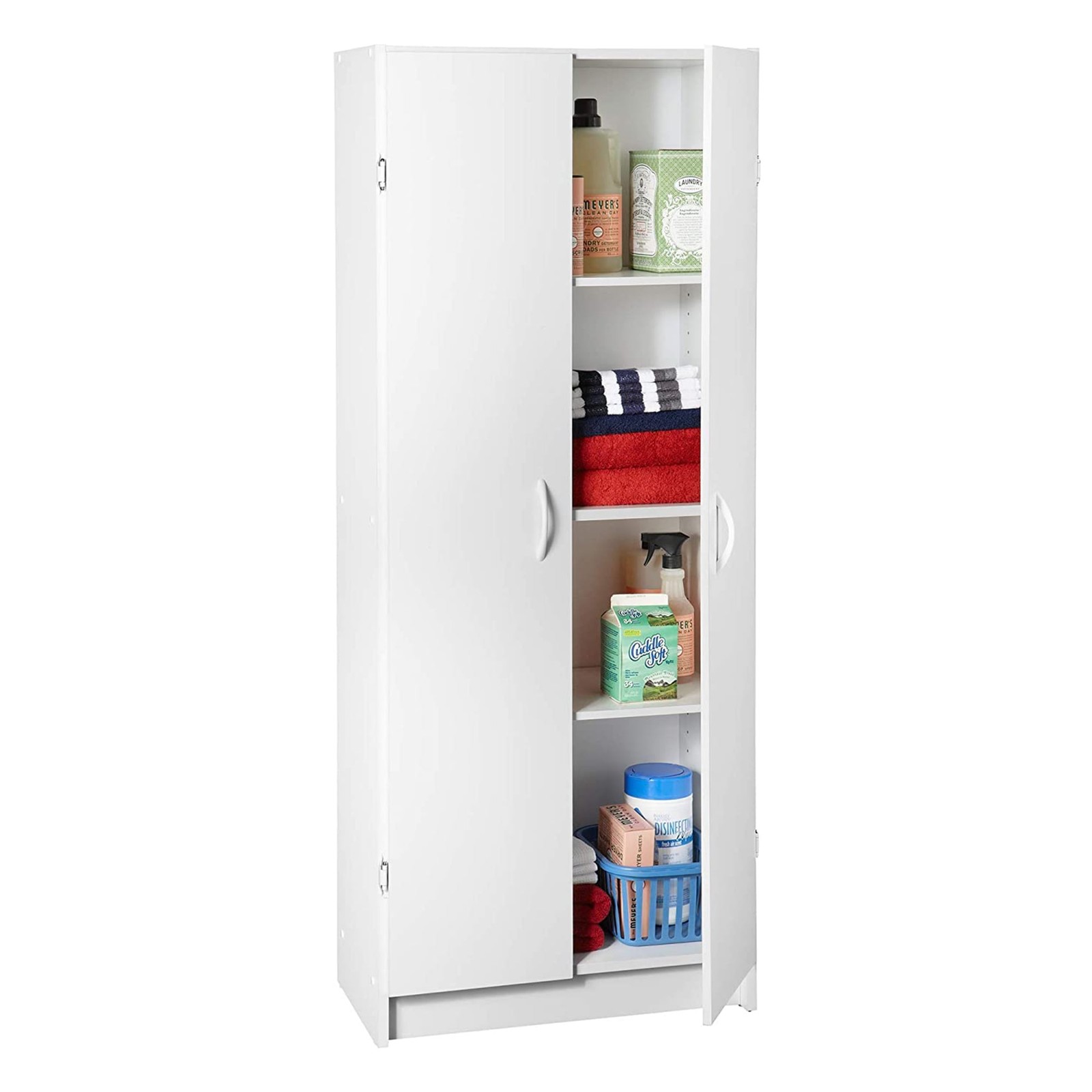 Tall Adjustable 4 Shelf Kitchen Pantry Cabinet 2 Door White Wood Utility Storage