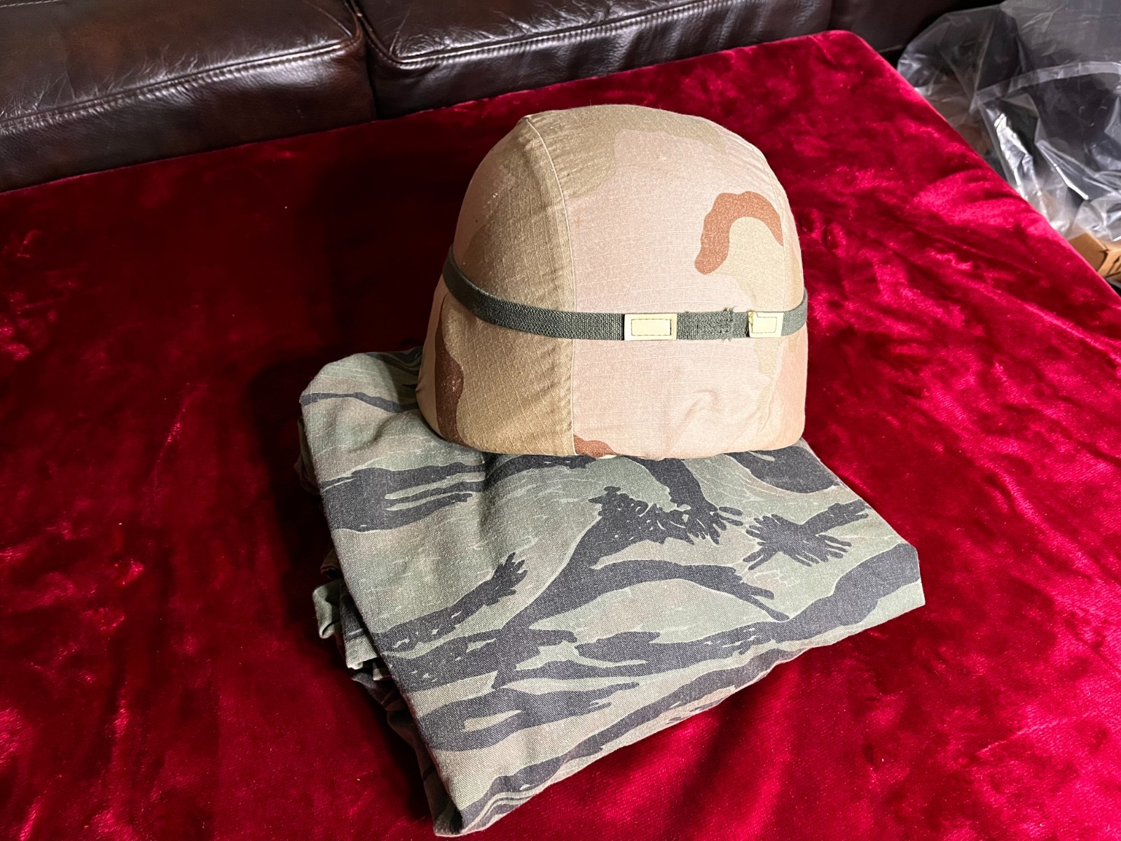 PASGT Helmet Cover Battle Damaged Iraq Desert Storm and OPFOR Shirt US Army OBO
