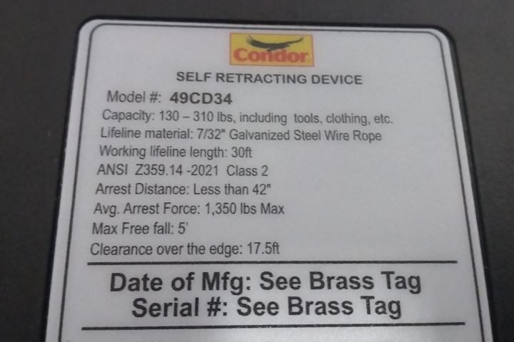 Condor GR727630LE 30 Ft L 310 Lb Cap Self-Retracting Lifeline