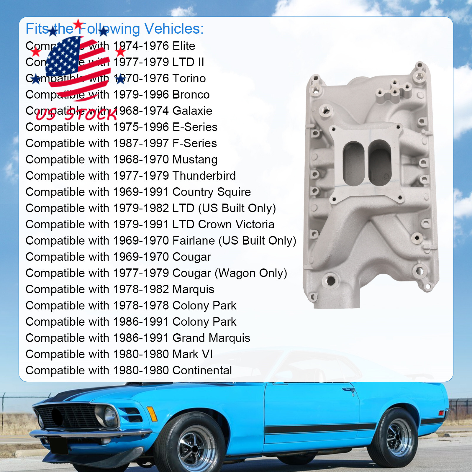 For Ford Small Block Windsor 351W V8 5.8L Aluminum Dual Plane Intake Manifold