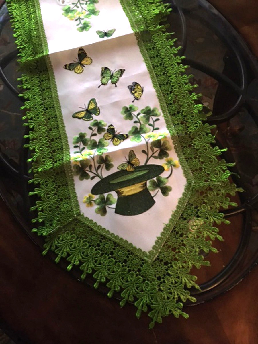St Patrick's day Table Runner Leprechaun Hat Lucky Shamrock Runner Embroider 69"