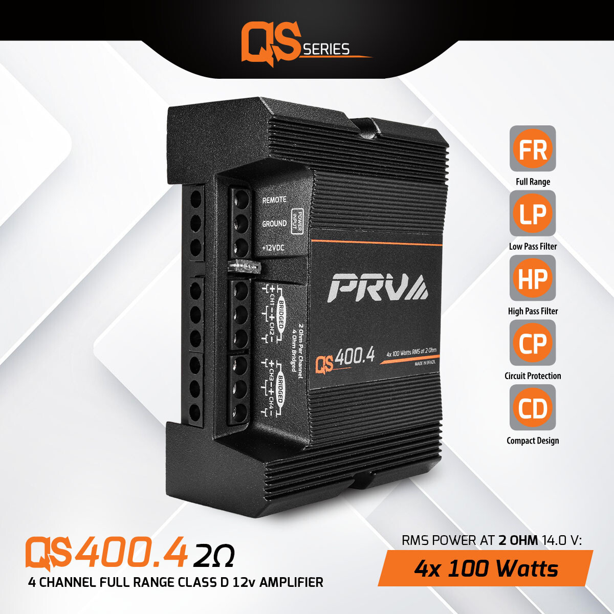 PRV Audio QS400.4 2Ohm Compact 4 Channel Digital Class D Full Range Car Amp 400W