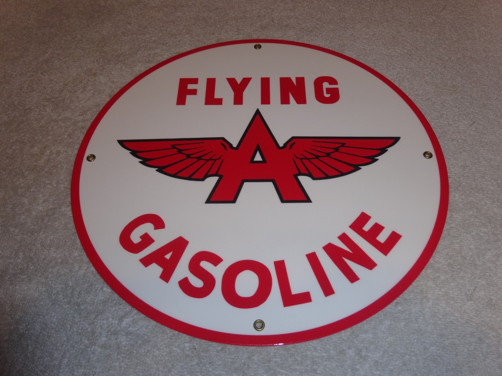 VINTAGE FLYING A GASOLINE WHITE 11 3/4" PORCELAIN METAL SERVICE STATION OIL SIGN