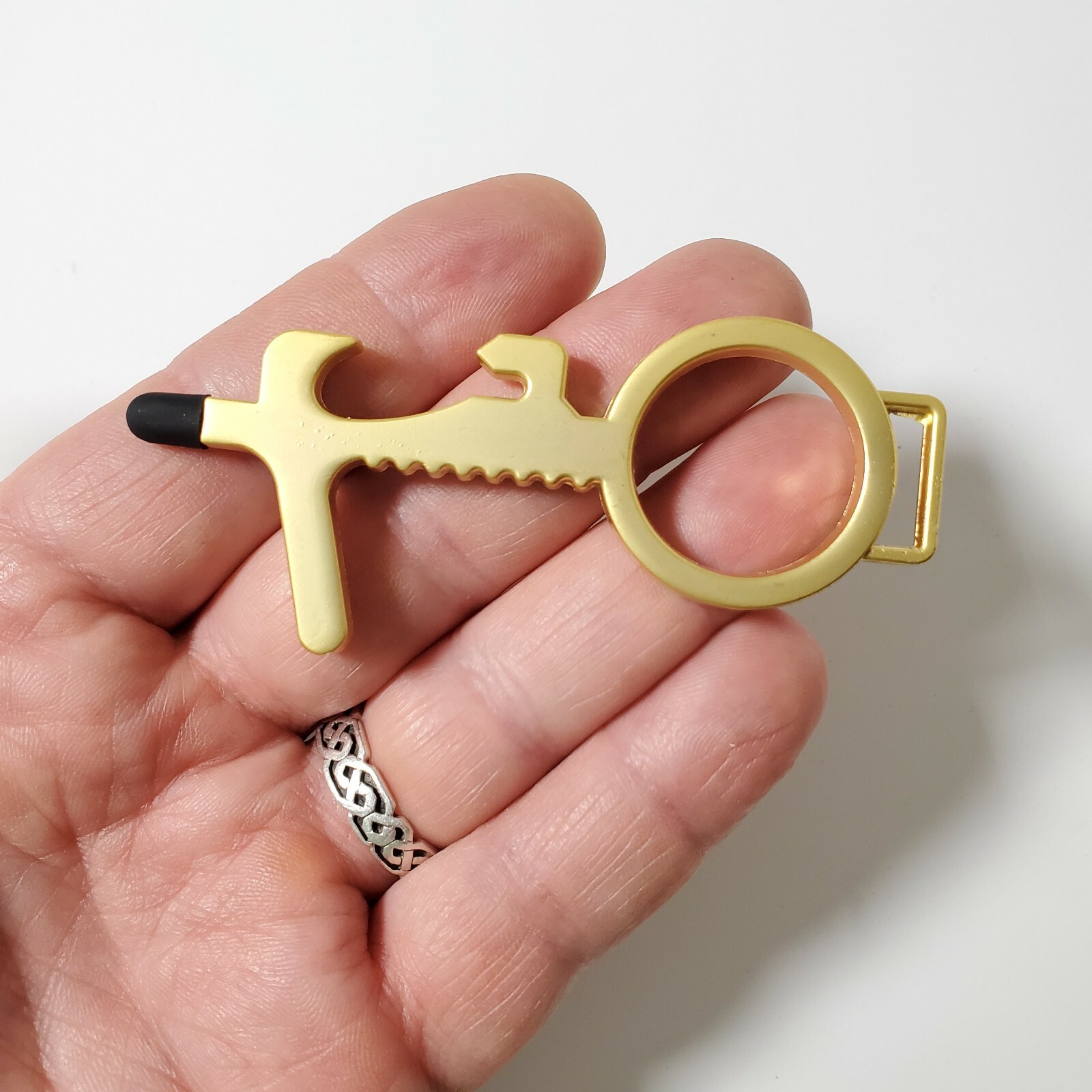 Contactless Door Opener Gold Tone Button Pusher Bottle Opener Keychain Free Ship