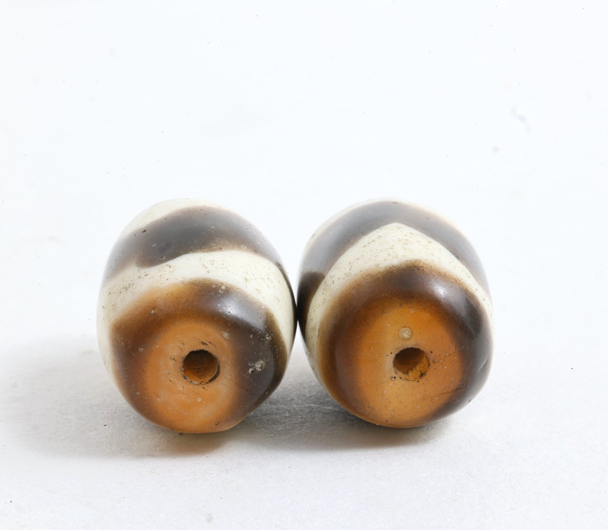 Late Qing Tibetan Glass Beads Pair – Tiger Tooth Dzi (Huya Tianzhu) Style (Z)