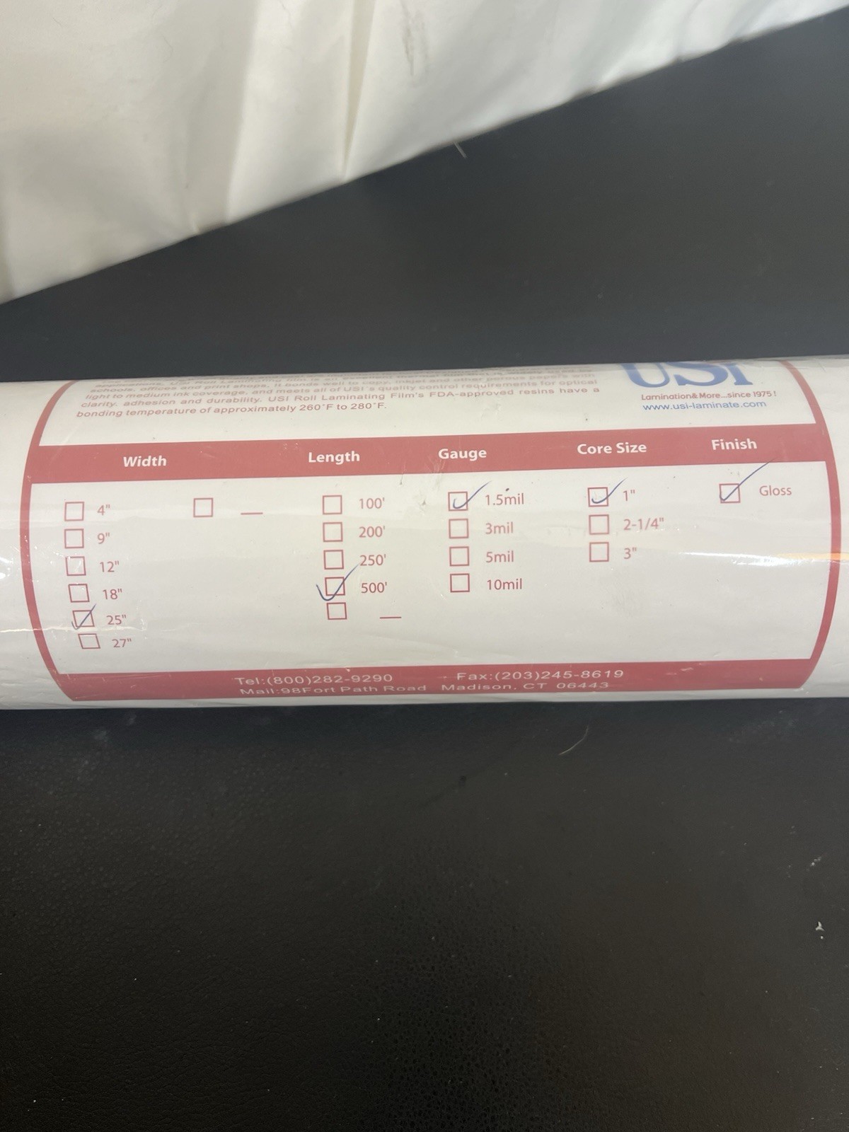 USI Roll Laminating Film 25" x 500' x 1.5 Mil Gloss Finish White 1" Core