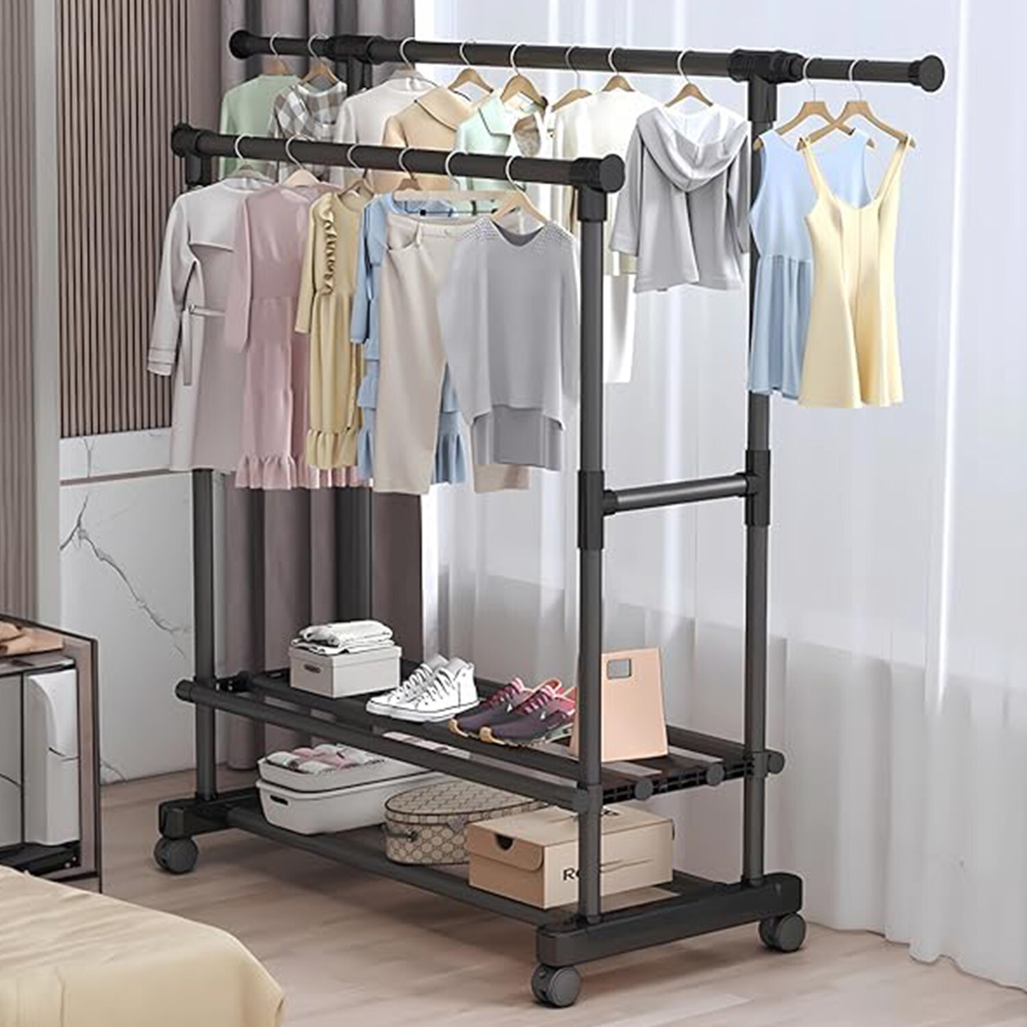 Heavy Duty Clothing Garment Rack Rolling Clothes Organizer Double Rails Hanging